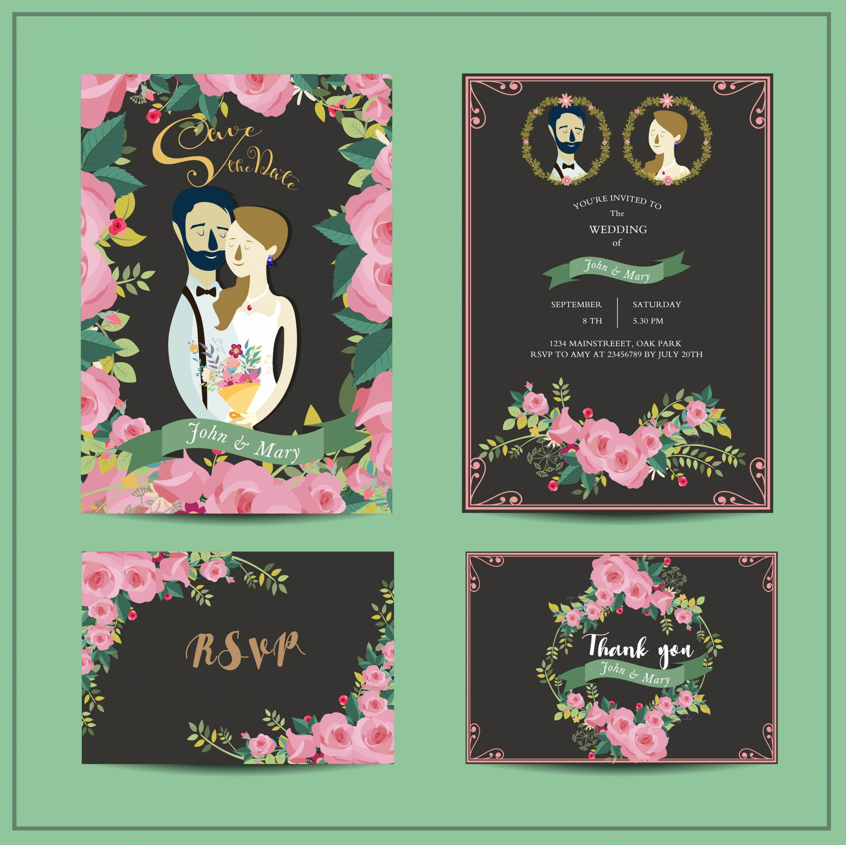 wedding card templates red roses groom bride decoration