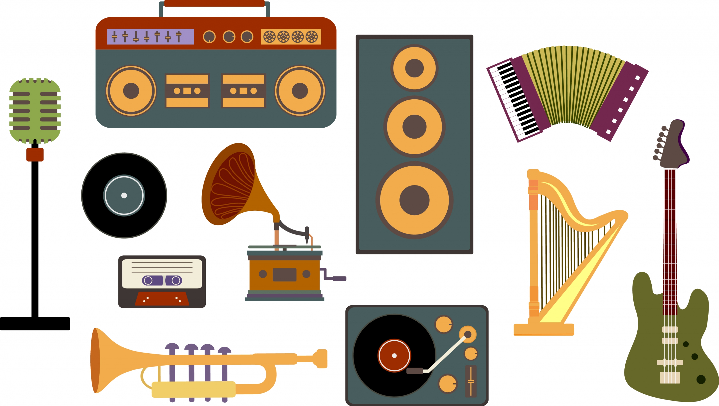 vintage musical instrument collection colored flat design