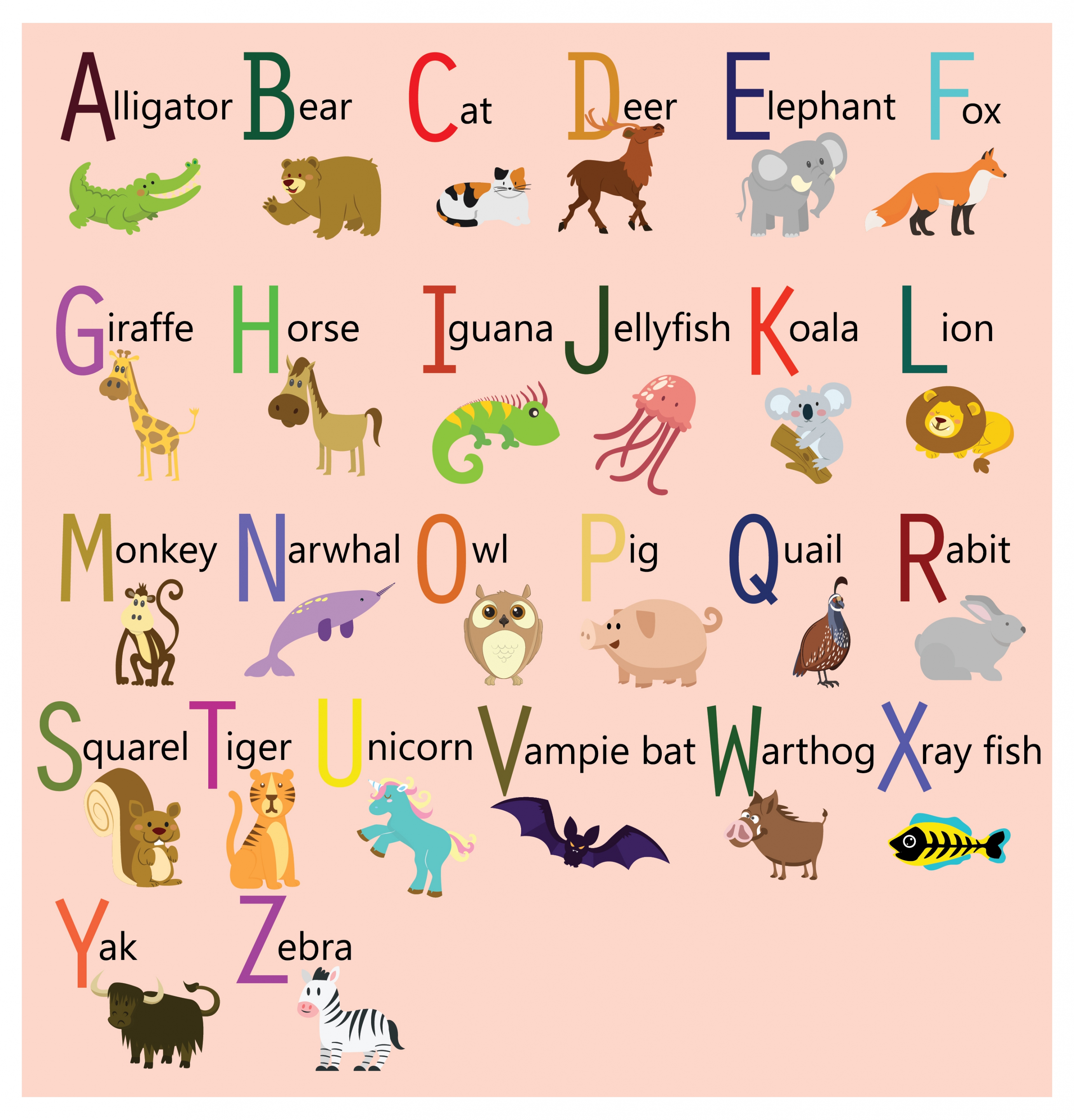 alphabet sets design with cute cartoon animals