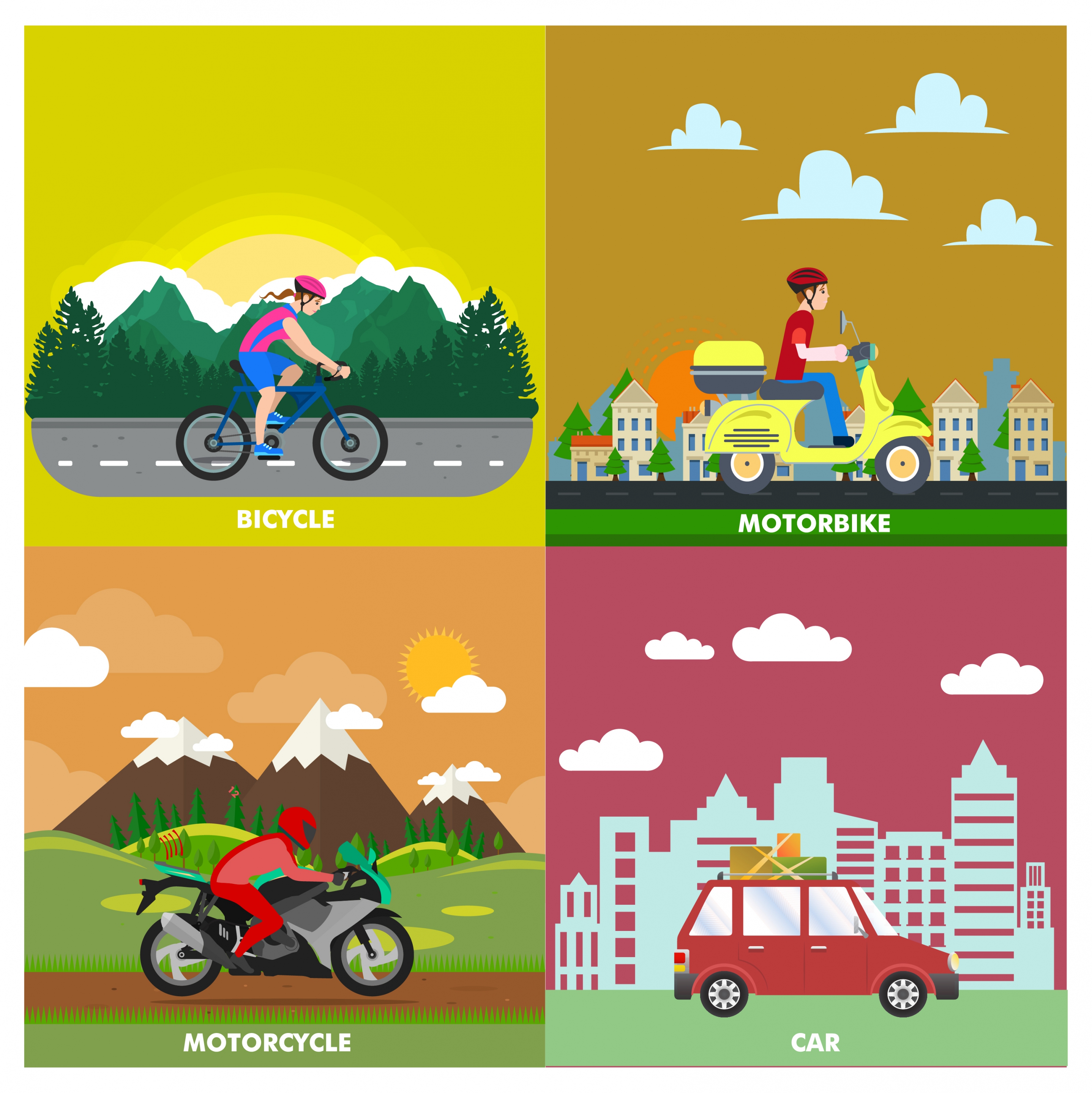 personal transportation concept vector in flat colors style