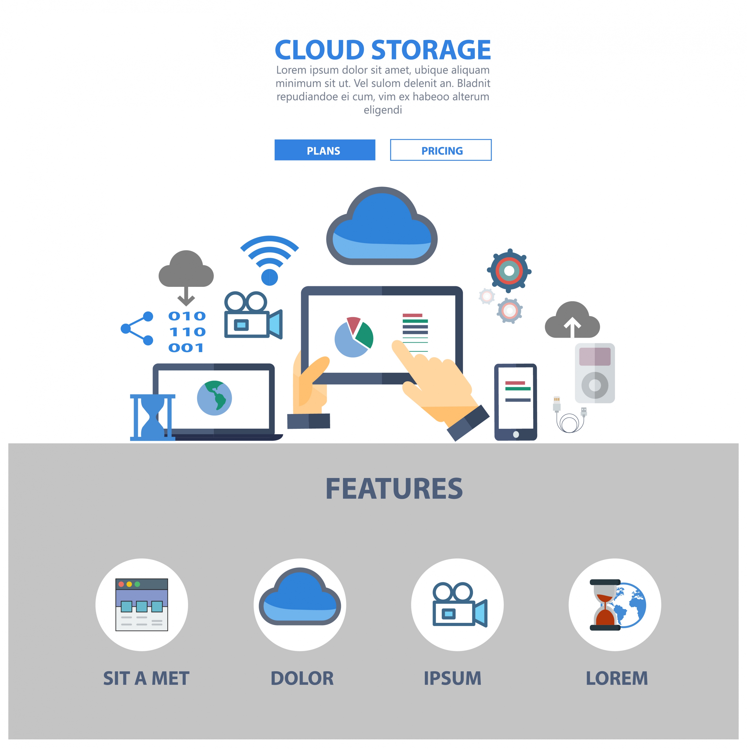 cloud storage website design illustration with computing symbols