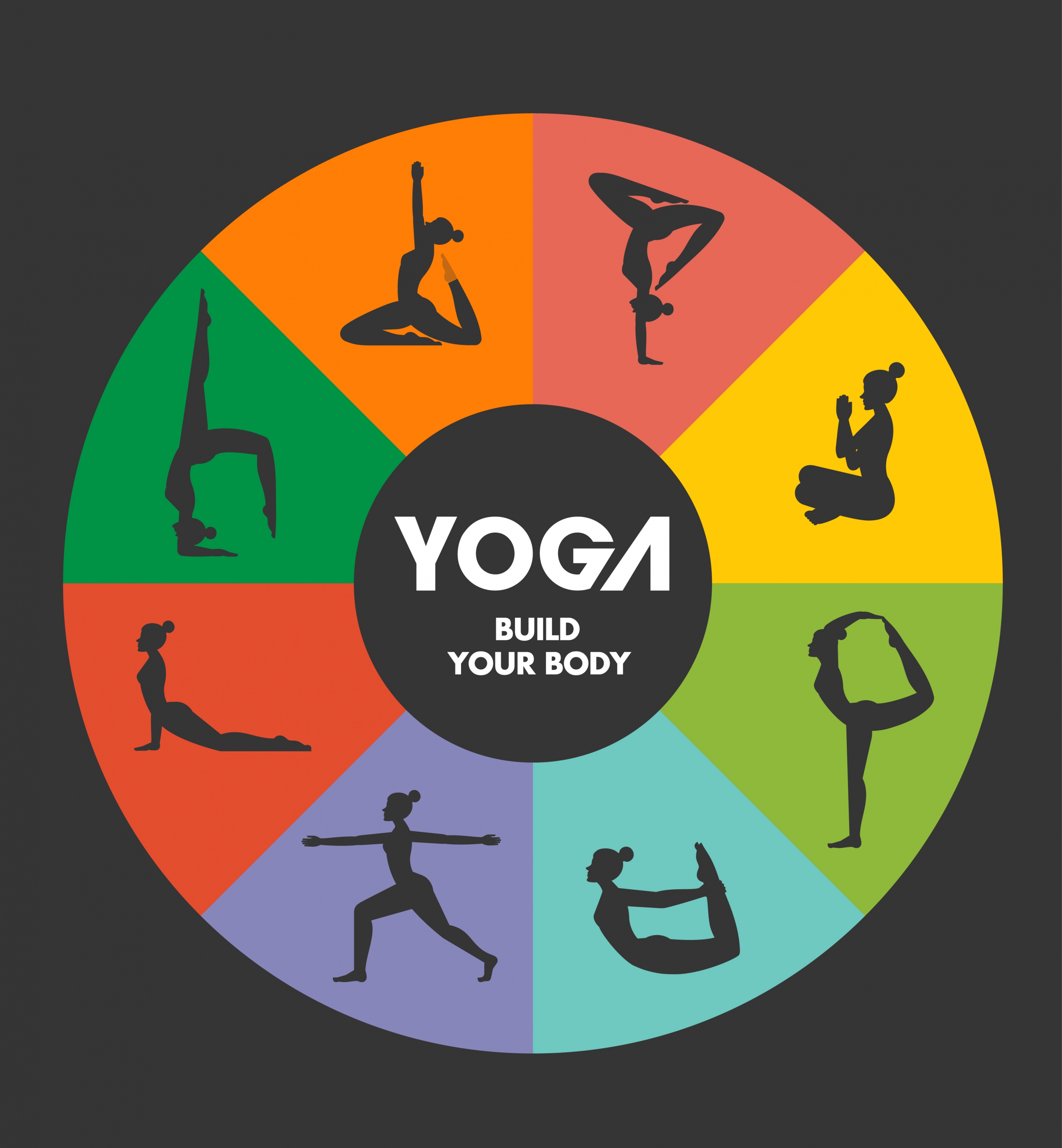 yoga advertising woman icons silhouettes colorful circle layout