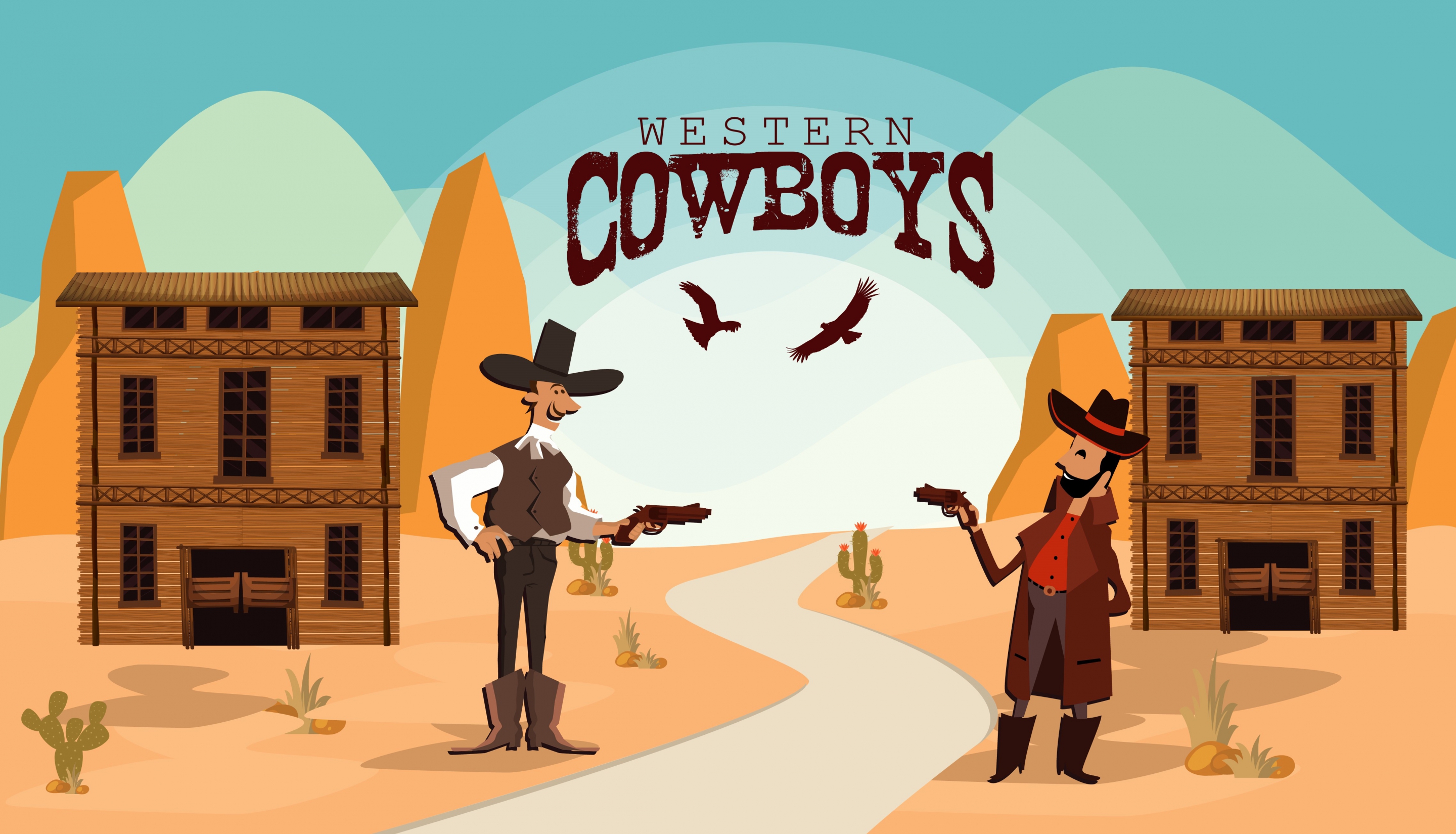 wild west banner cowboy duel colored cartoon