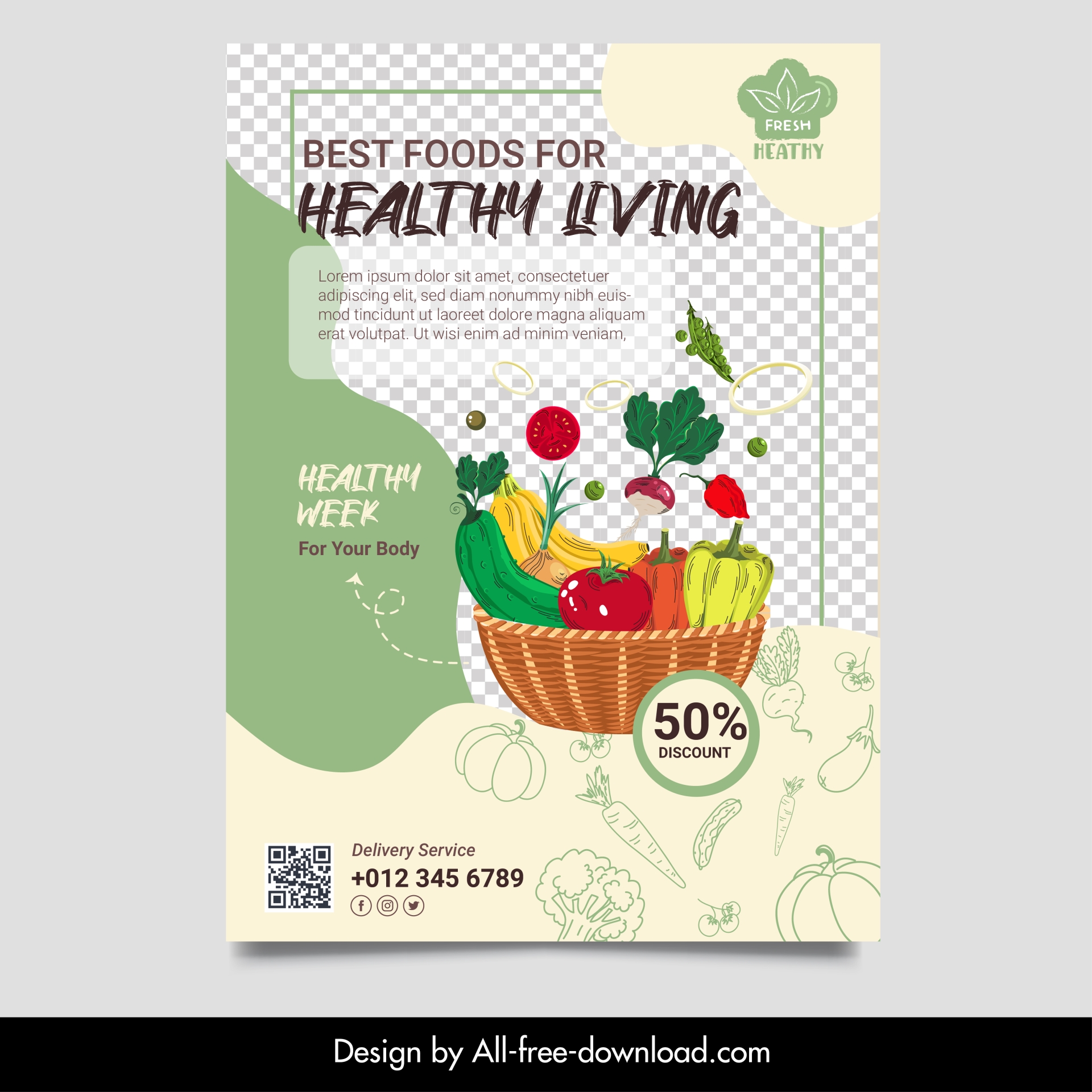 heathy food flyer template handdrawn dynamic food elements checkered