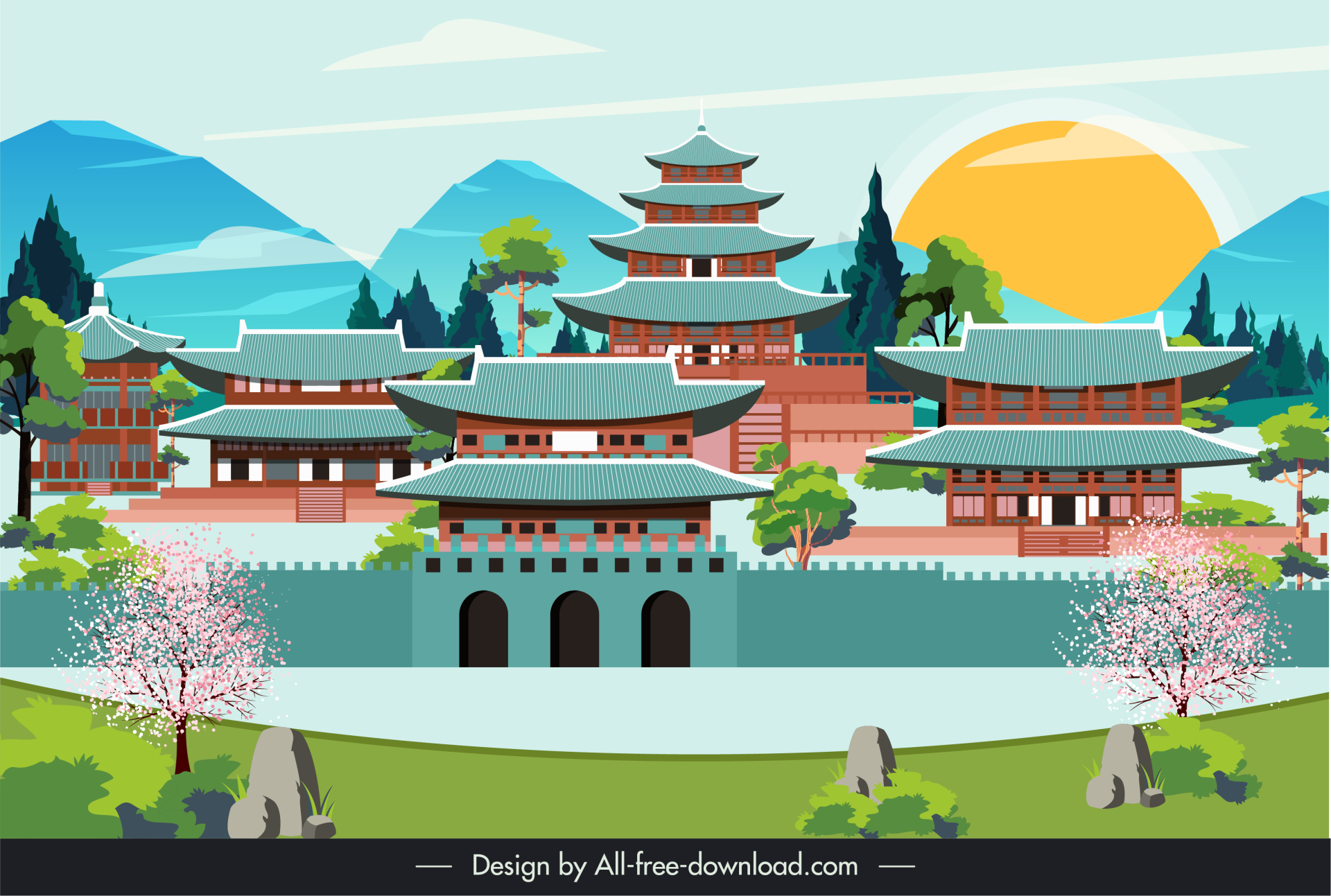 south korea  travel banner template elegant scenery sketch