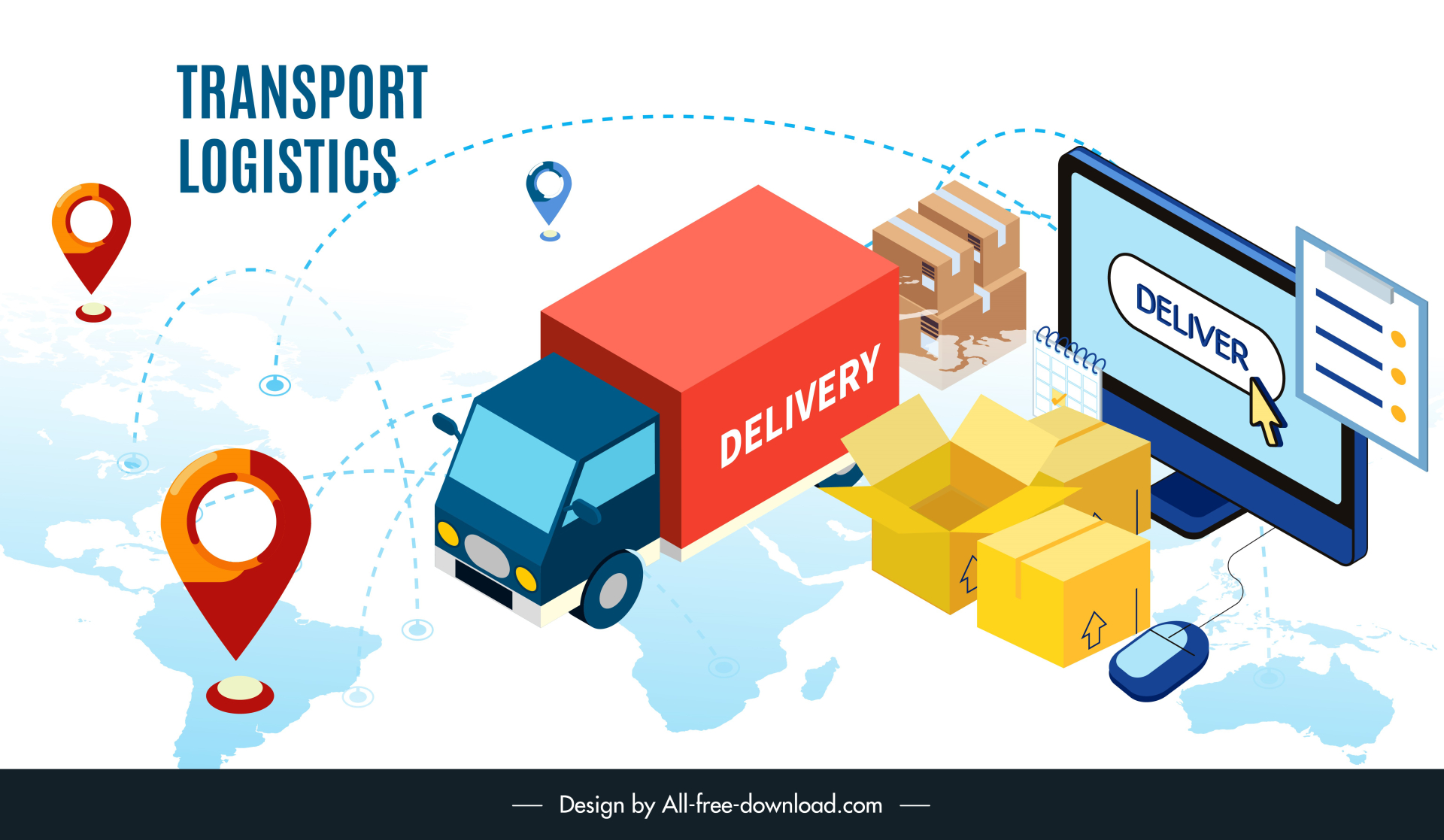 logistics transportation banner template 3d truck boxes computer navigation elements map backdrop decor