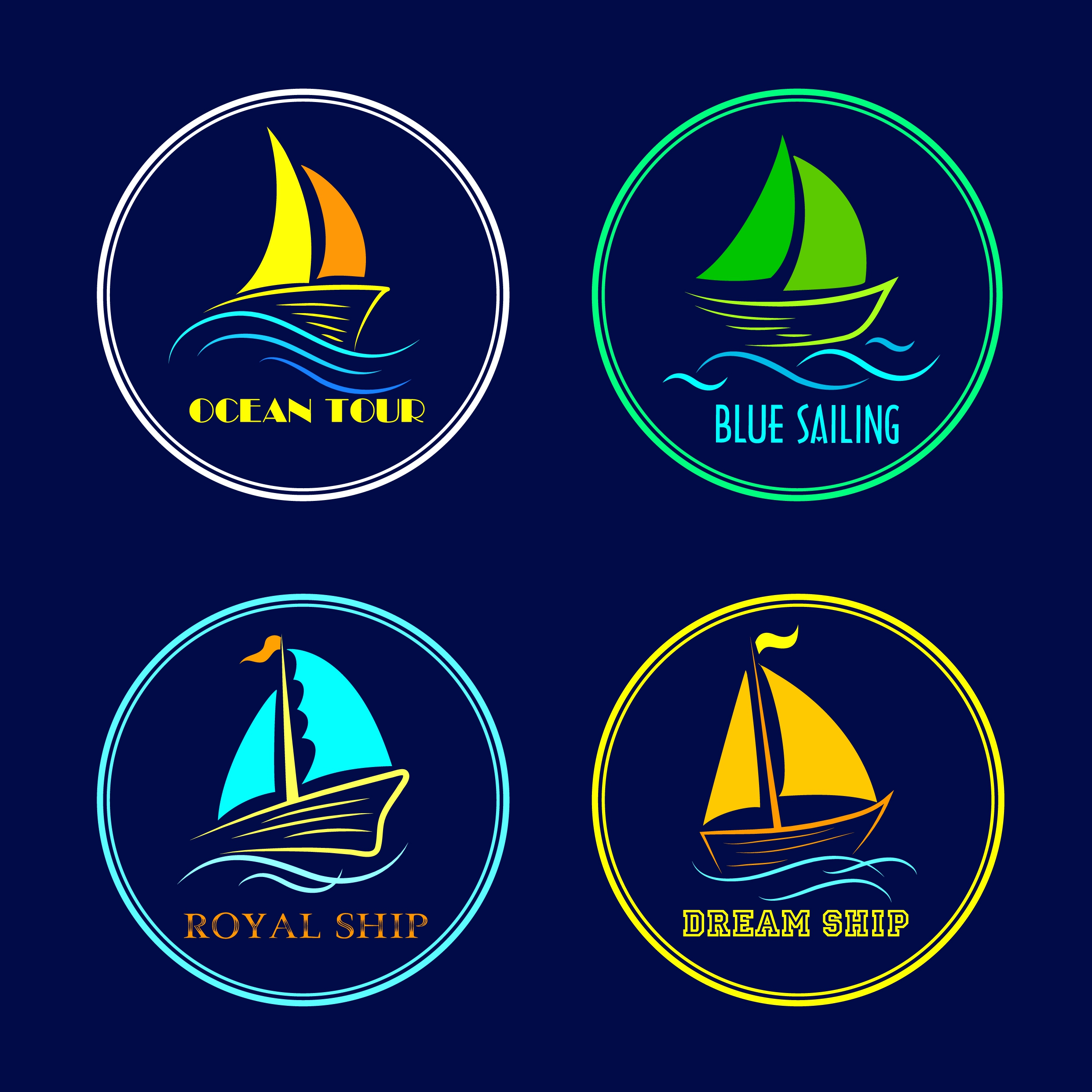 ship tour logotypes sail sea icons circle isolation