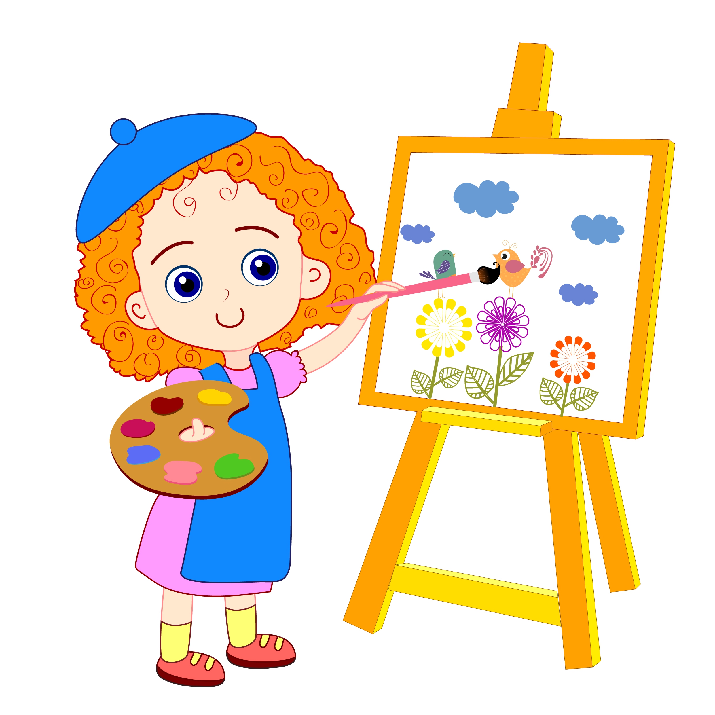 painting girl drawing colored cartoon cute girl icon