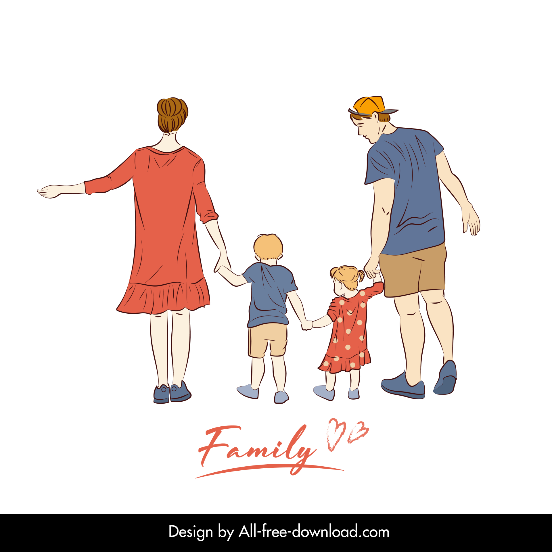 happy family design elements parents children hand in hand sketch handdrawn line art outline 