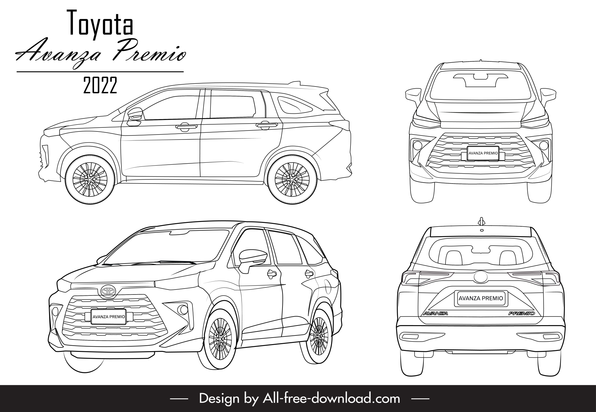 toyota avanza premio 2022 car models advertising banner template black white handdrawn different views outline