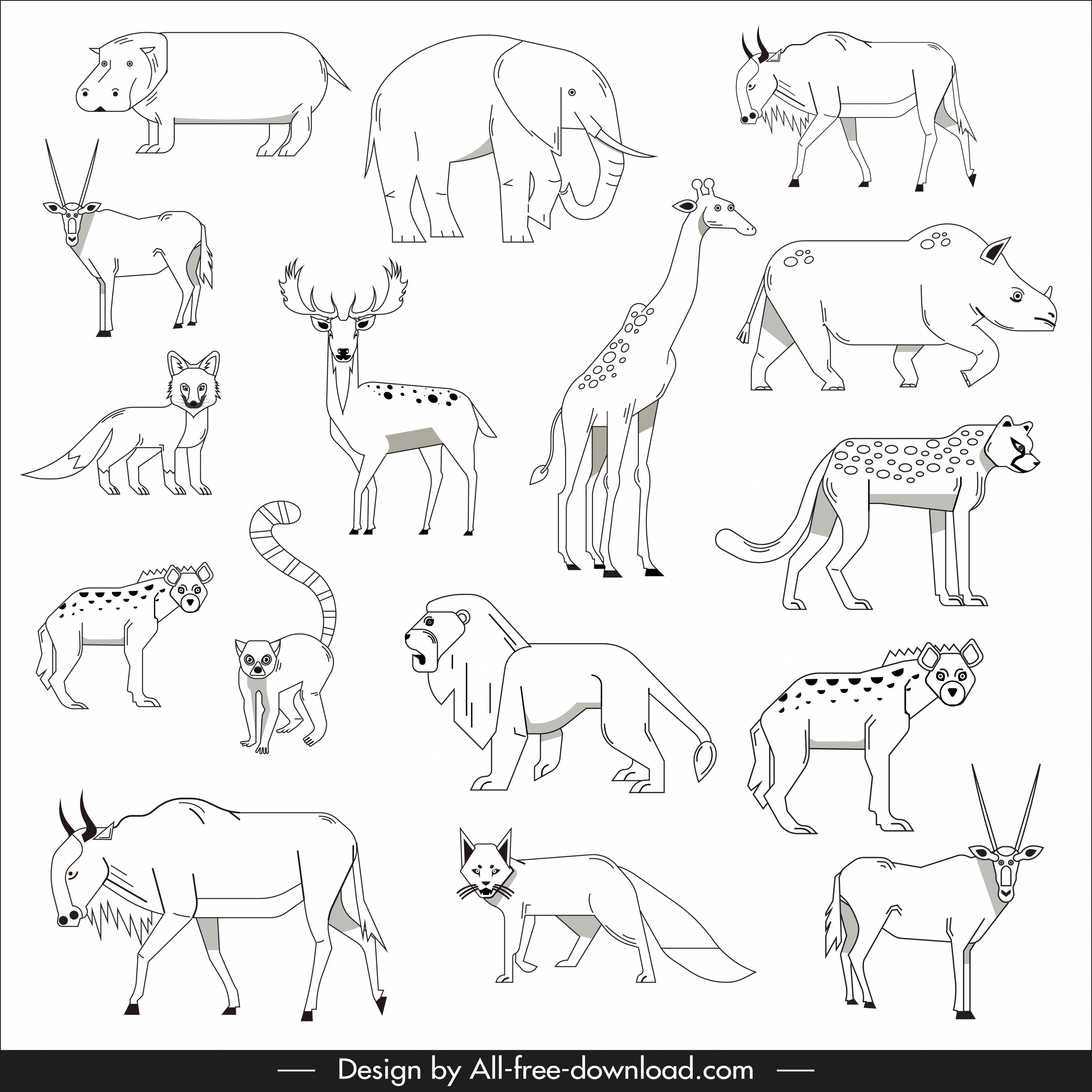 animals species icons black white handdrawn sketch