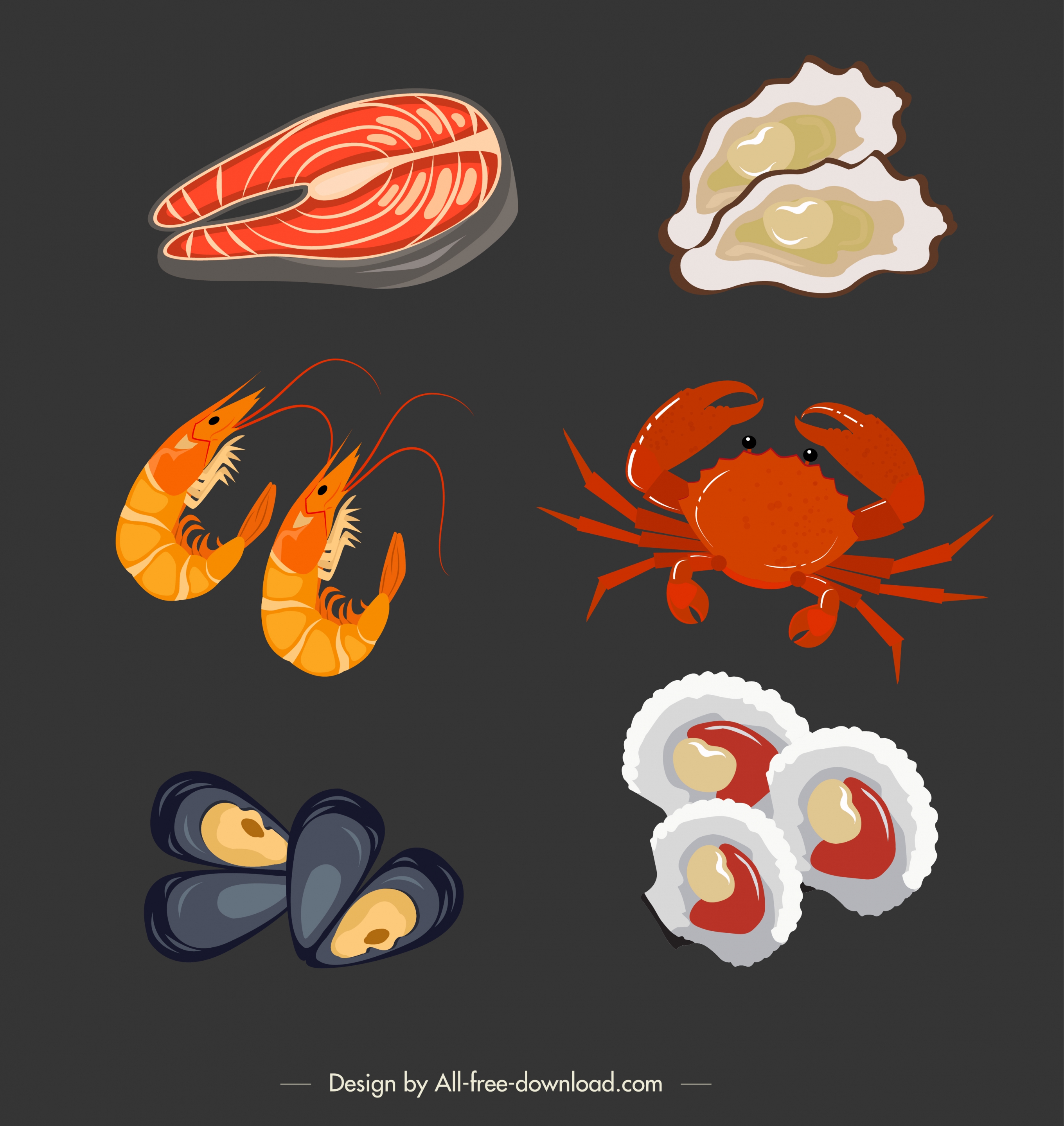 seafood background fish oyster shrimp crab shells icons