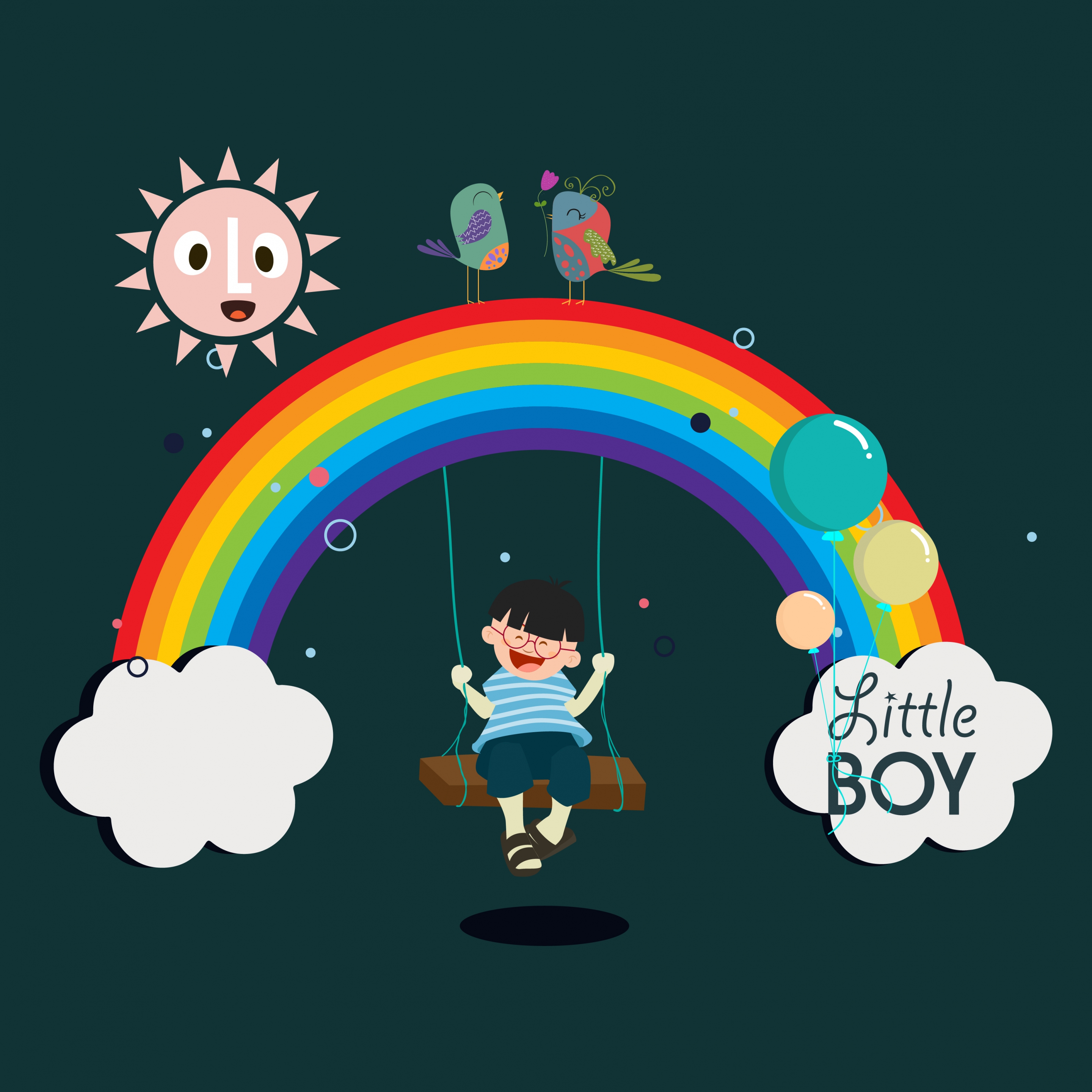 legendary background swinging boy multicolored rainbow birds icons