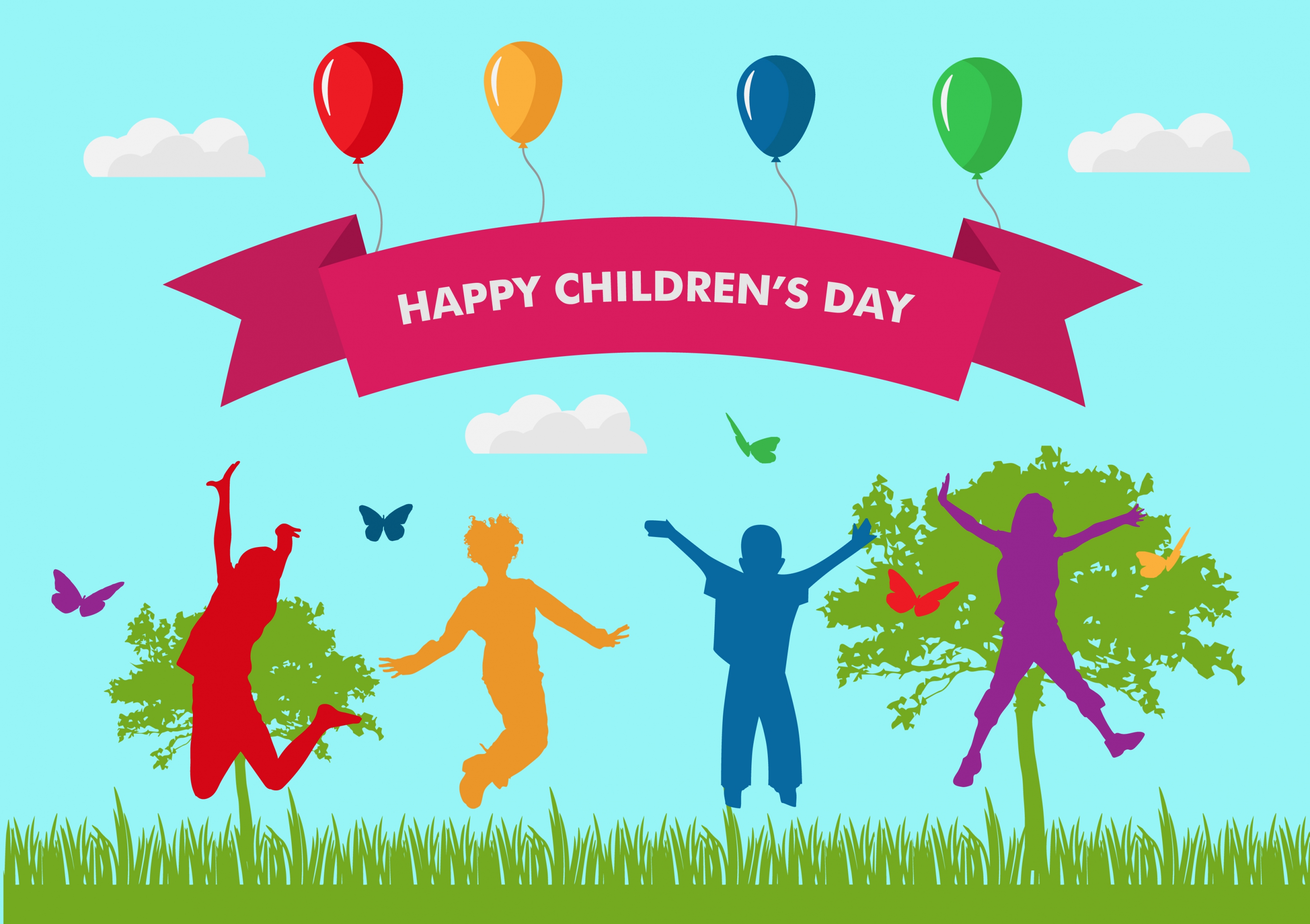 childrens day banner design colored silhouettes ribbon decoration