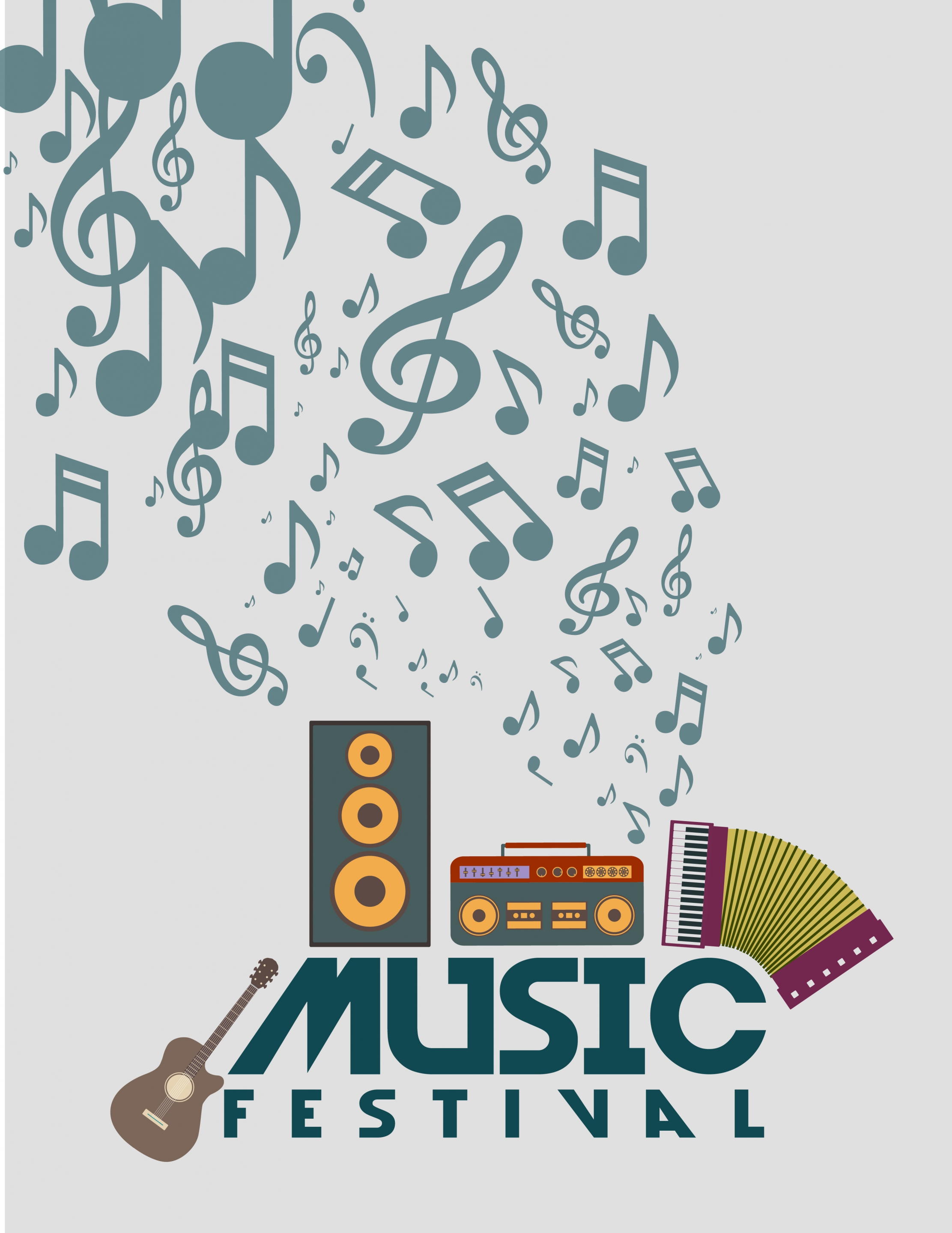 music festival banner retro instrument and notes design