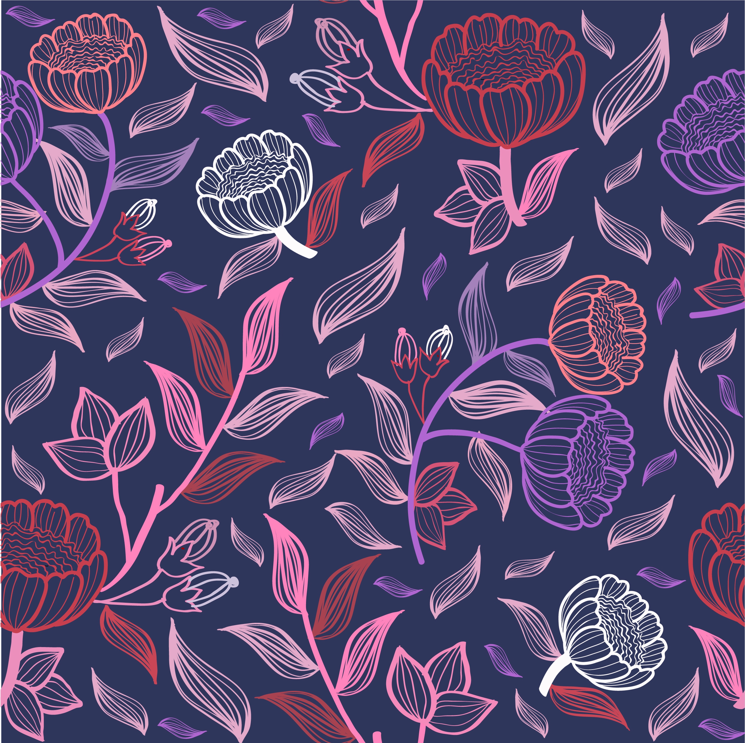 spring background colorful flowers leaves sketch seamless style