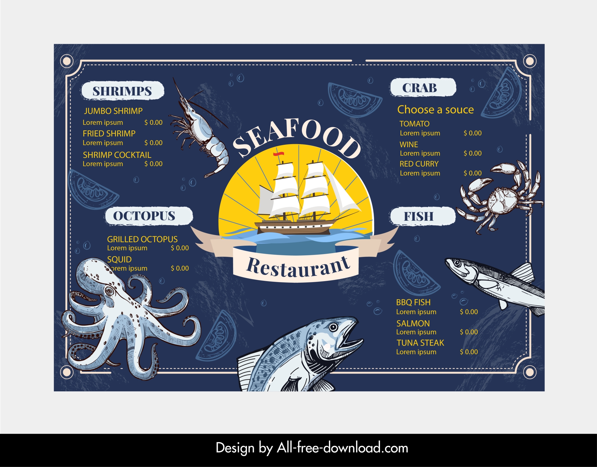   sea food menu template marine elements decor