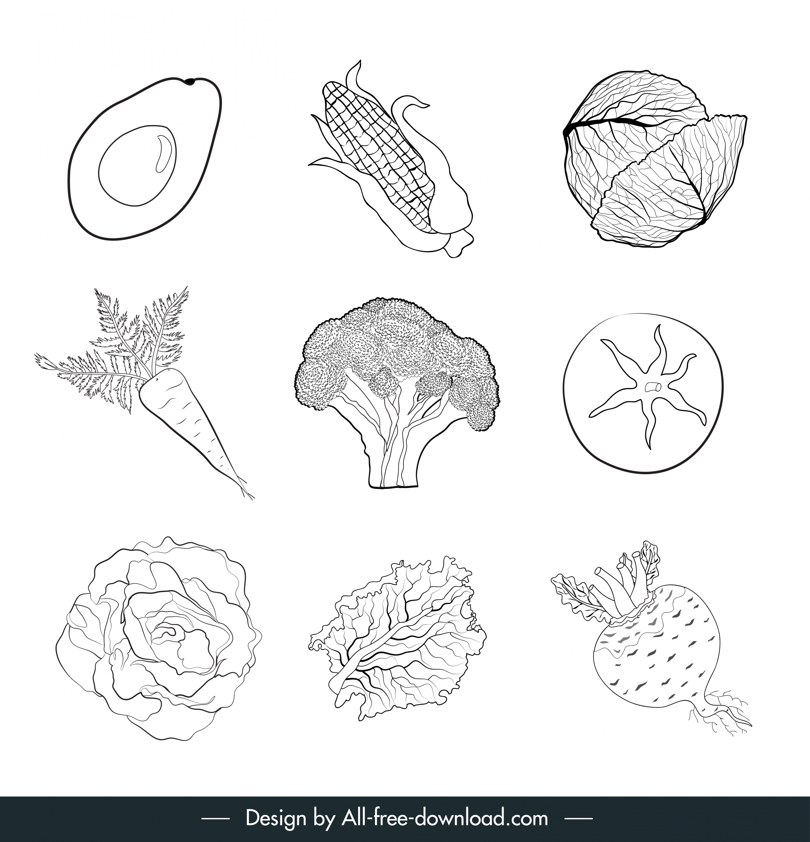 vegetables icons black white handdrawn sketch