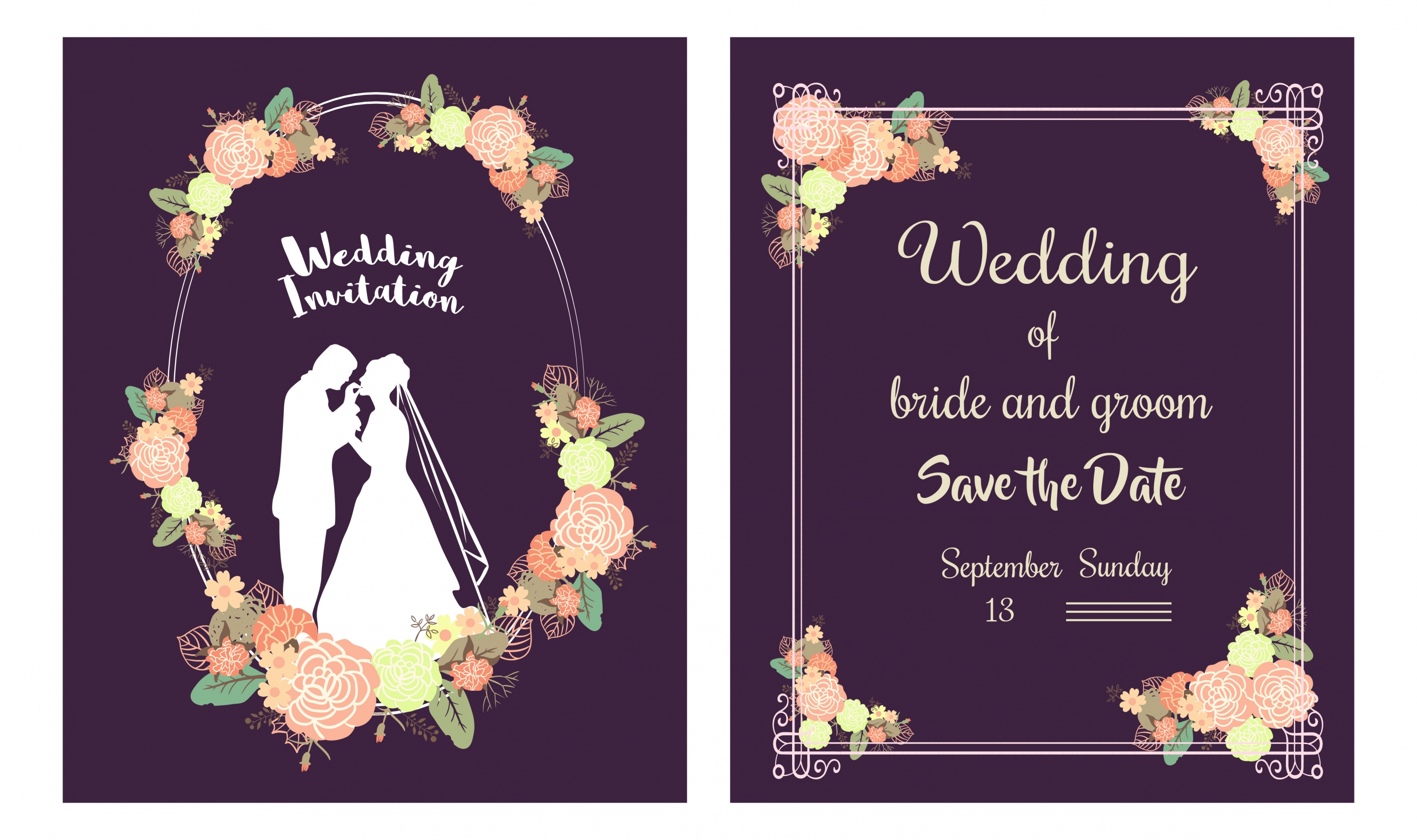 wedding card template classical style floral violet background