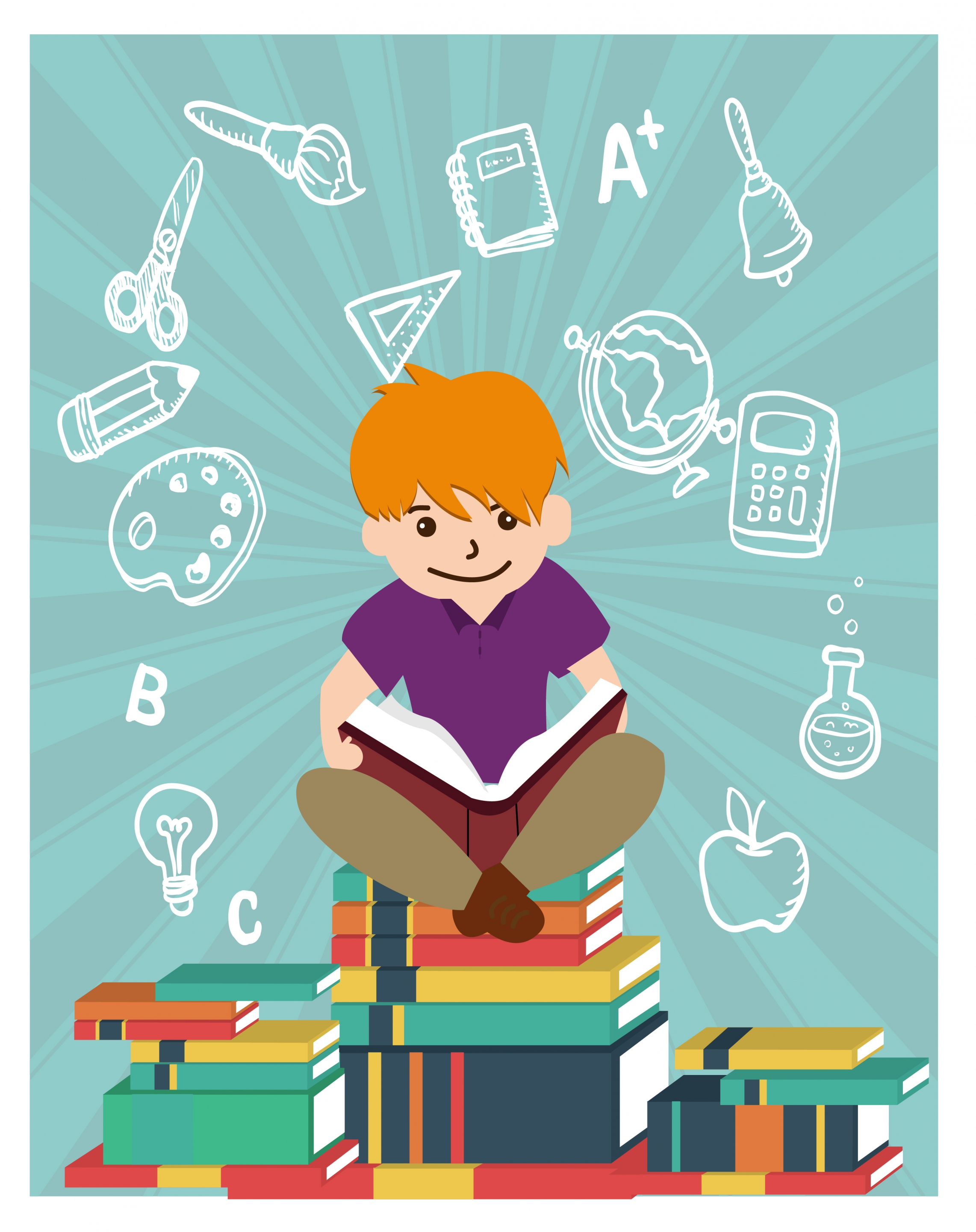 education design elements boy reading on books stack