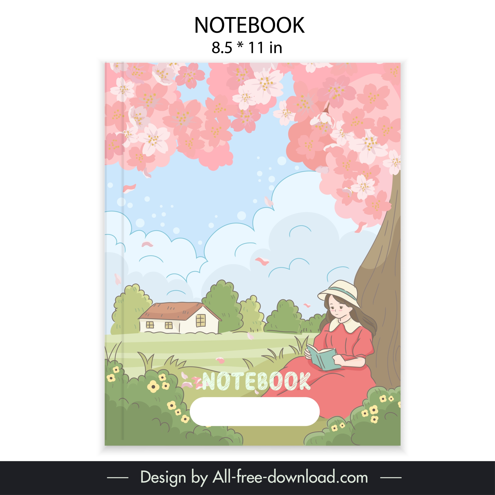 notebook cover template cute cartoon girl reading book scene 