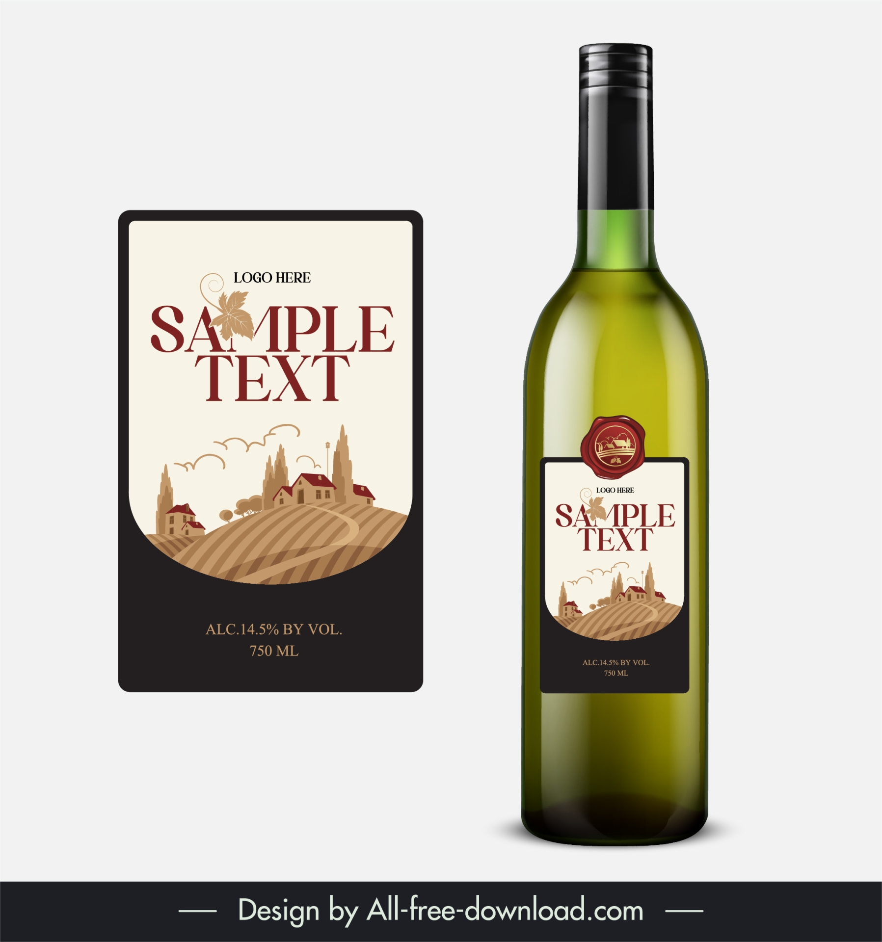 wine bottle packaging template grape field farm scene 