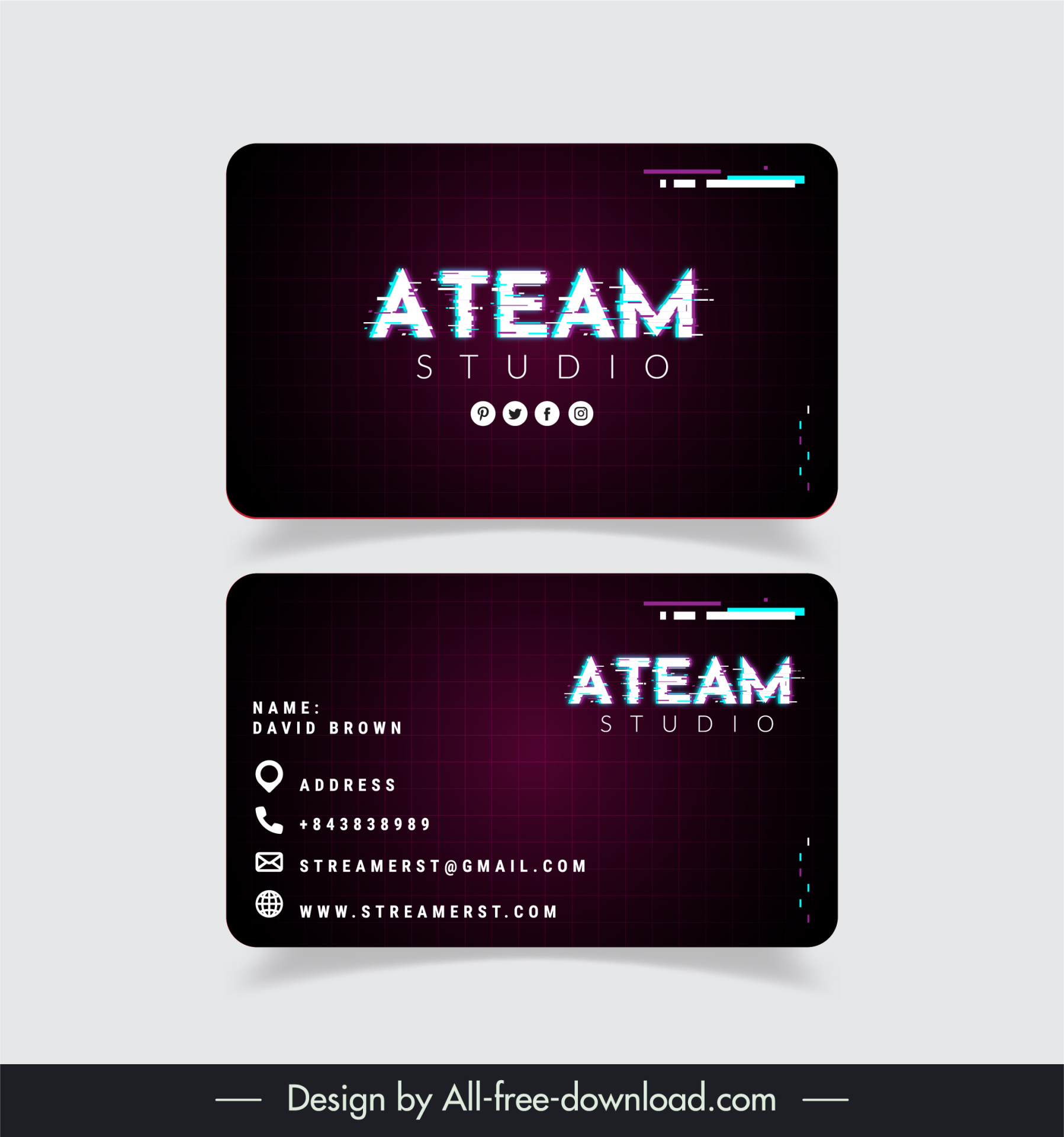 streamer studio business card template dark contrast texts plain