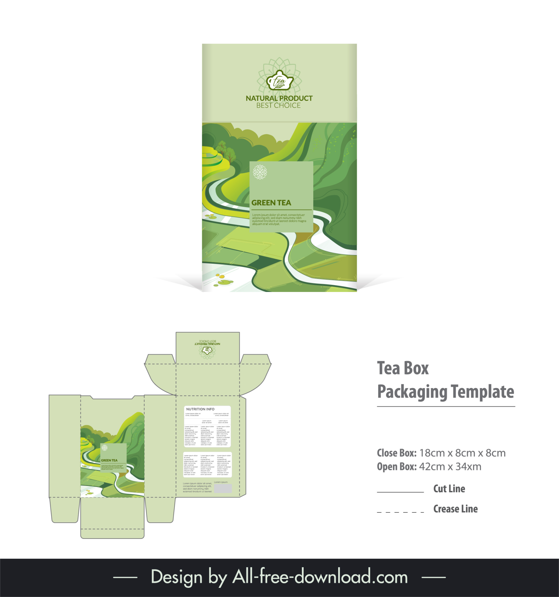 tea box packaging template flat classical mountain scenery