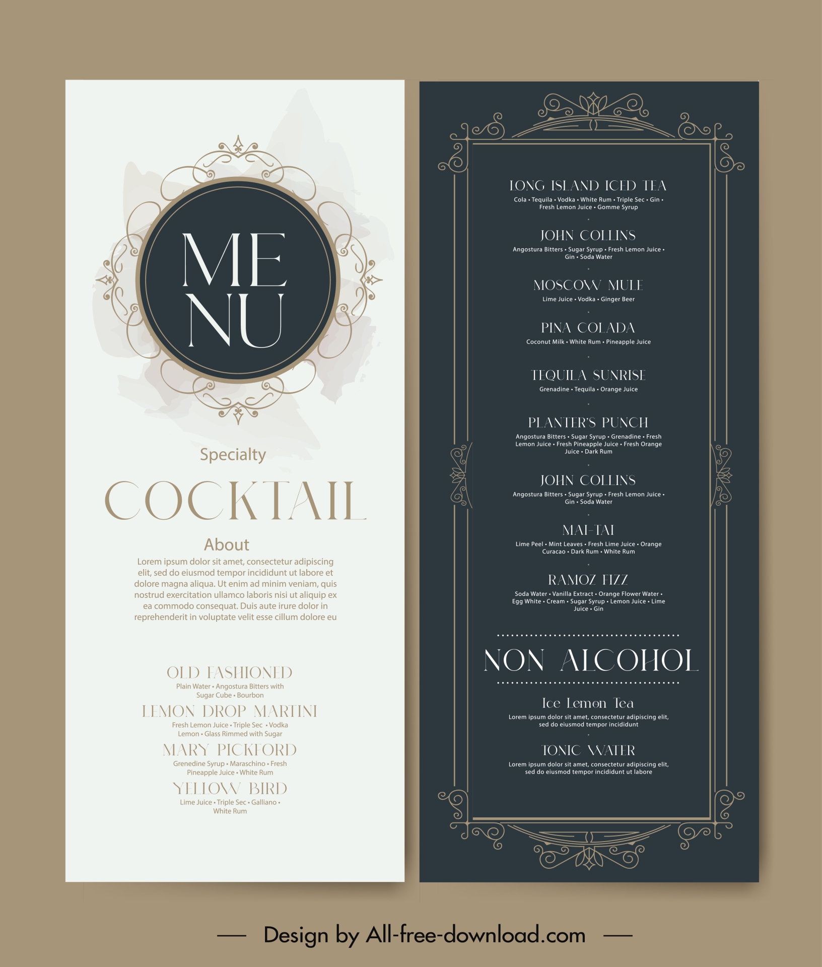 bar club menu   template elegant classic symmetric circle frame