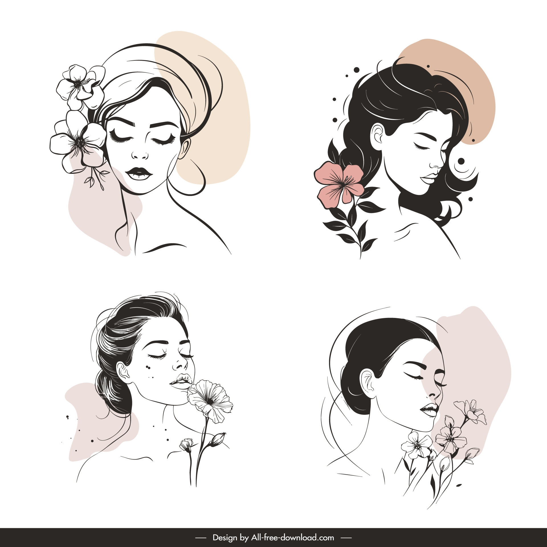 beauty design elements collection handdrawn girl flora line art  