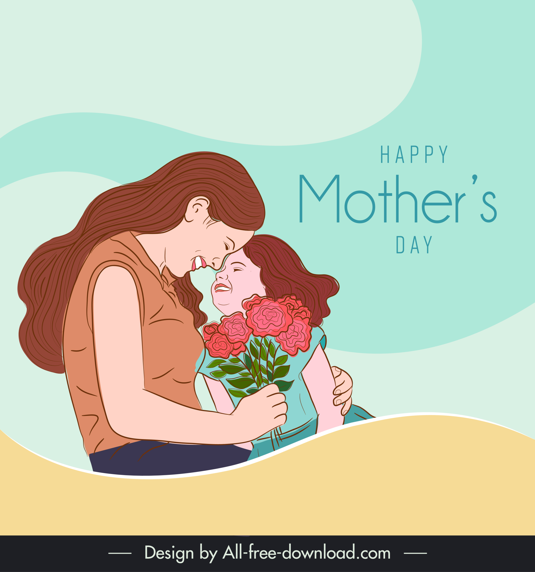 happy mother day banner mom daughter flowers bouquet sketch cartoon design 