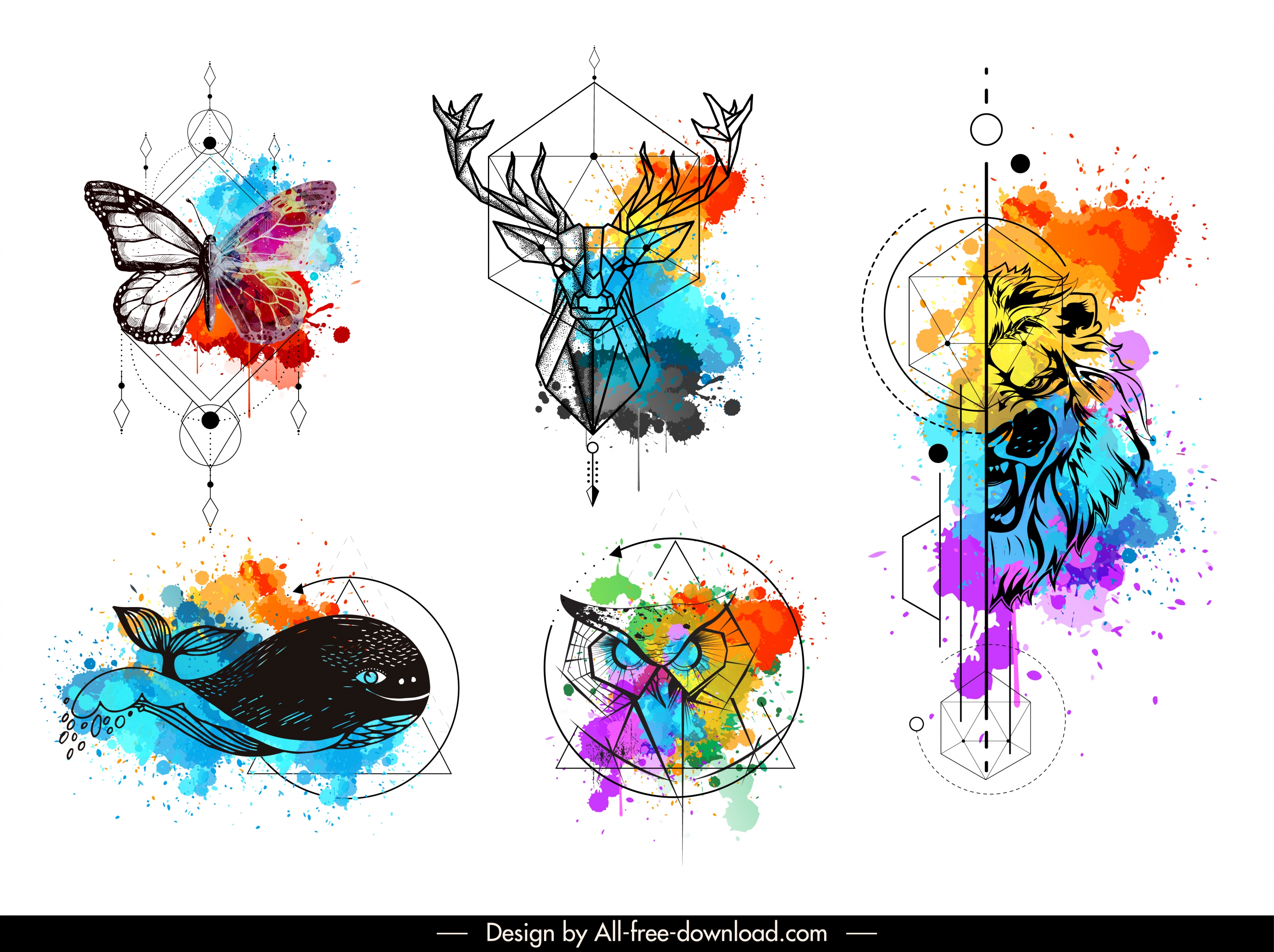 animals tattoo templates colorful grunge polygonal handdrawn sketch