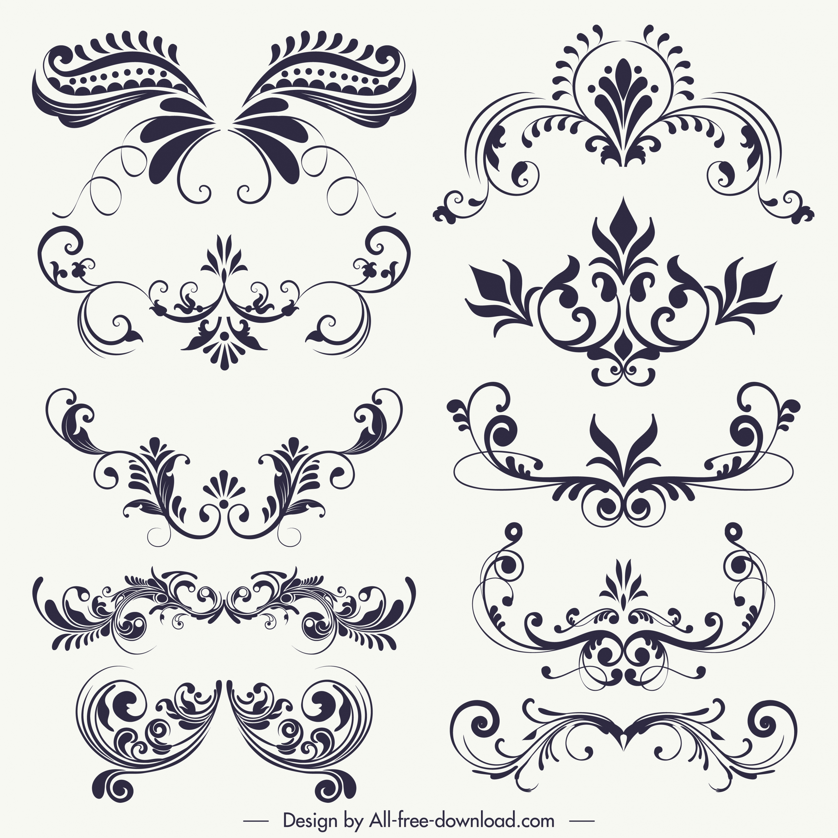 decorative floral elements black white vintage swirled shapes