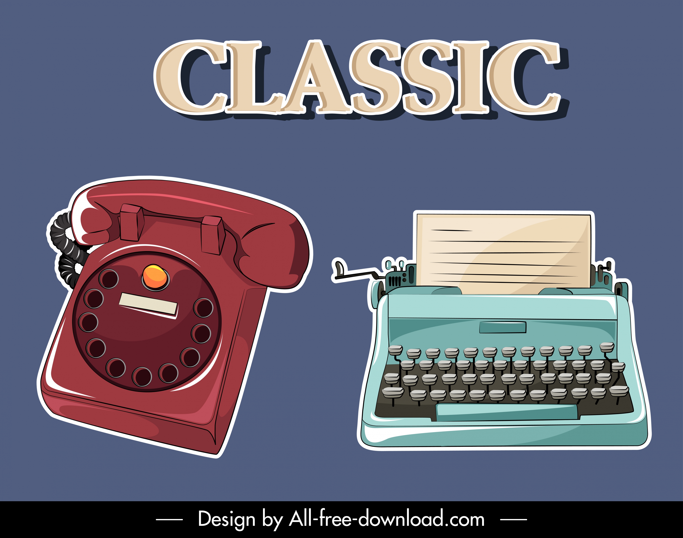 office devices icons retro telephone typewriter sketch