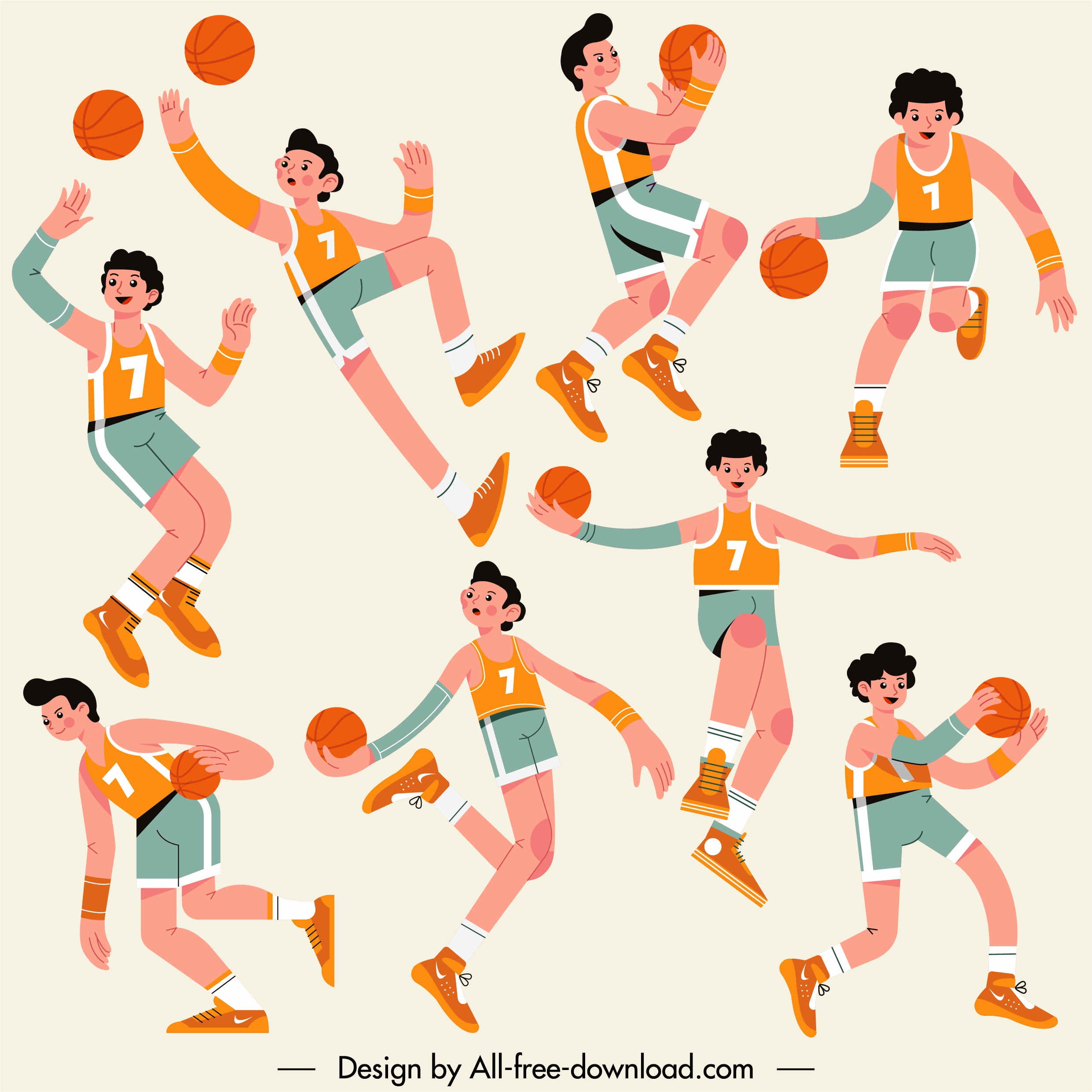 basketball player icons dynamic sketch cartoon characters