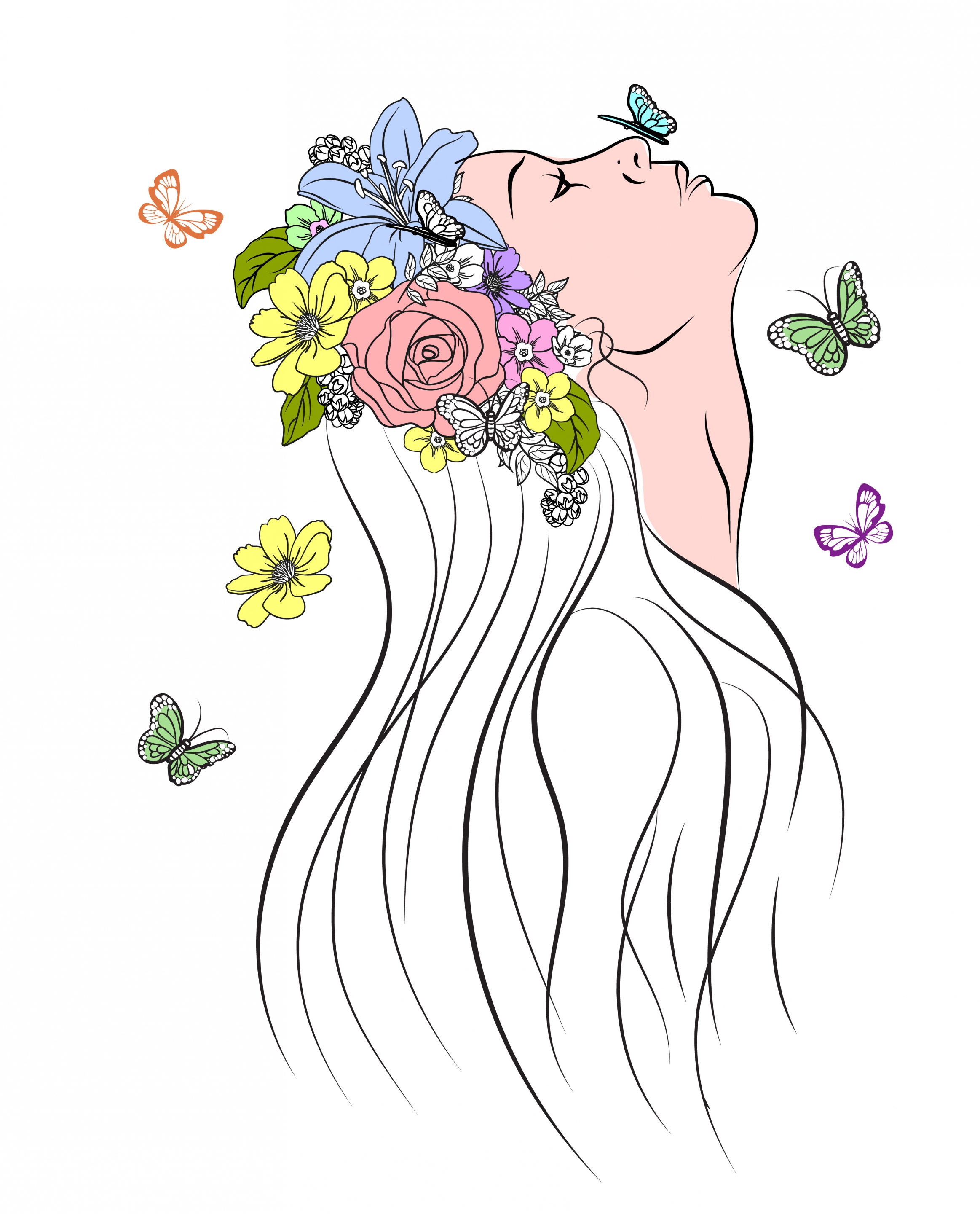 woman drawing colorful flowers butterflies decoration