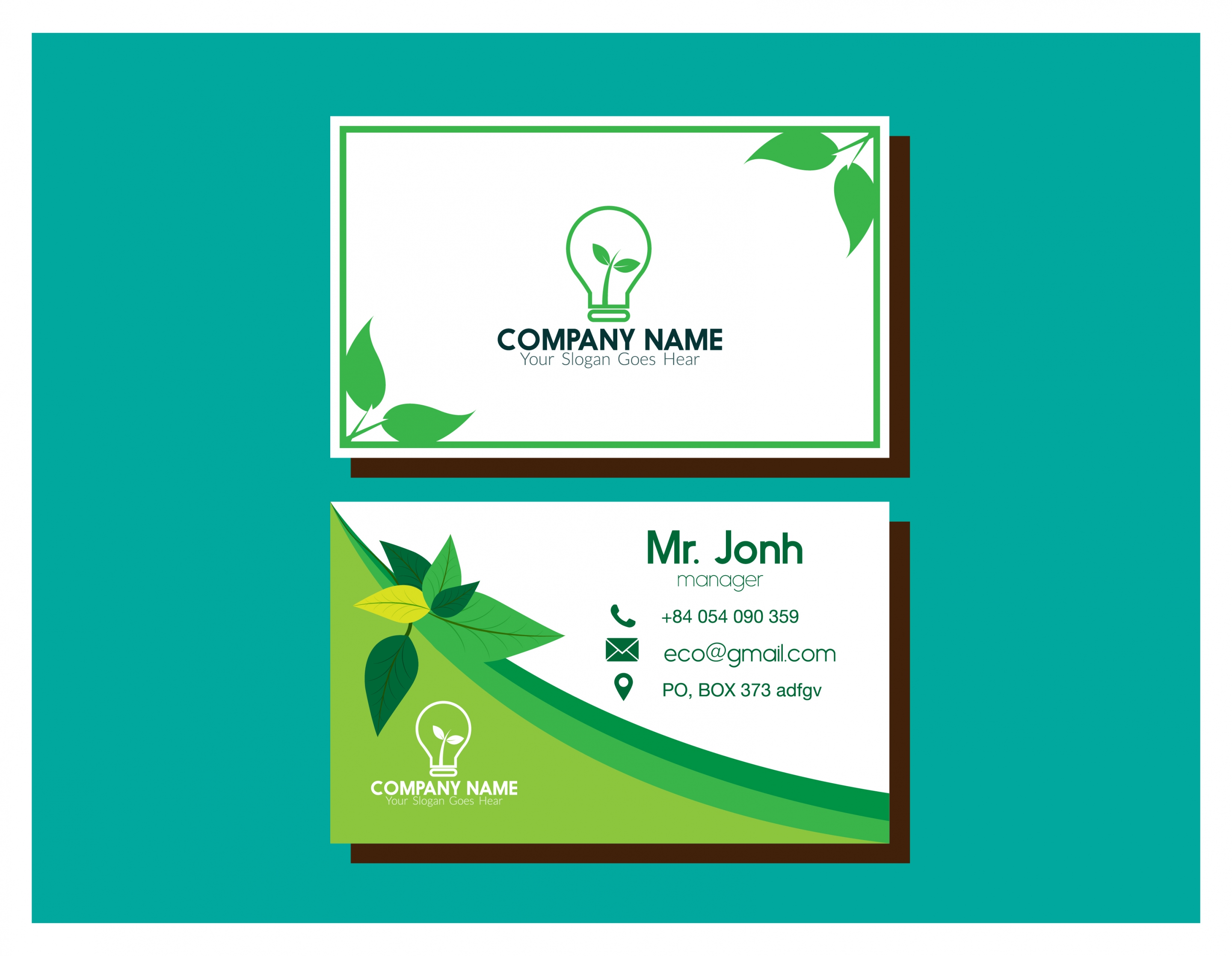 eco business card green leaf and bulb design