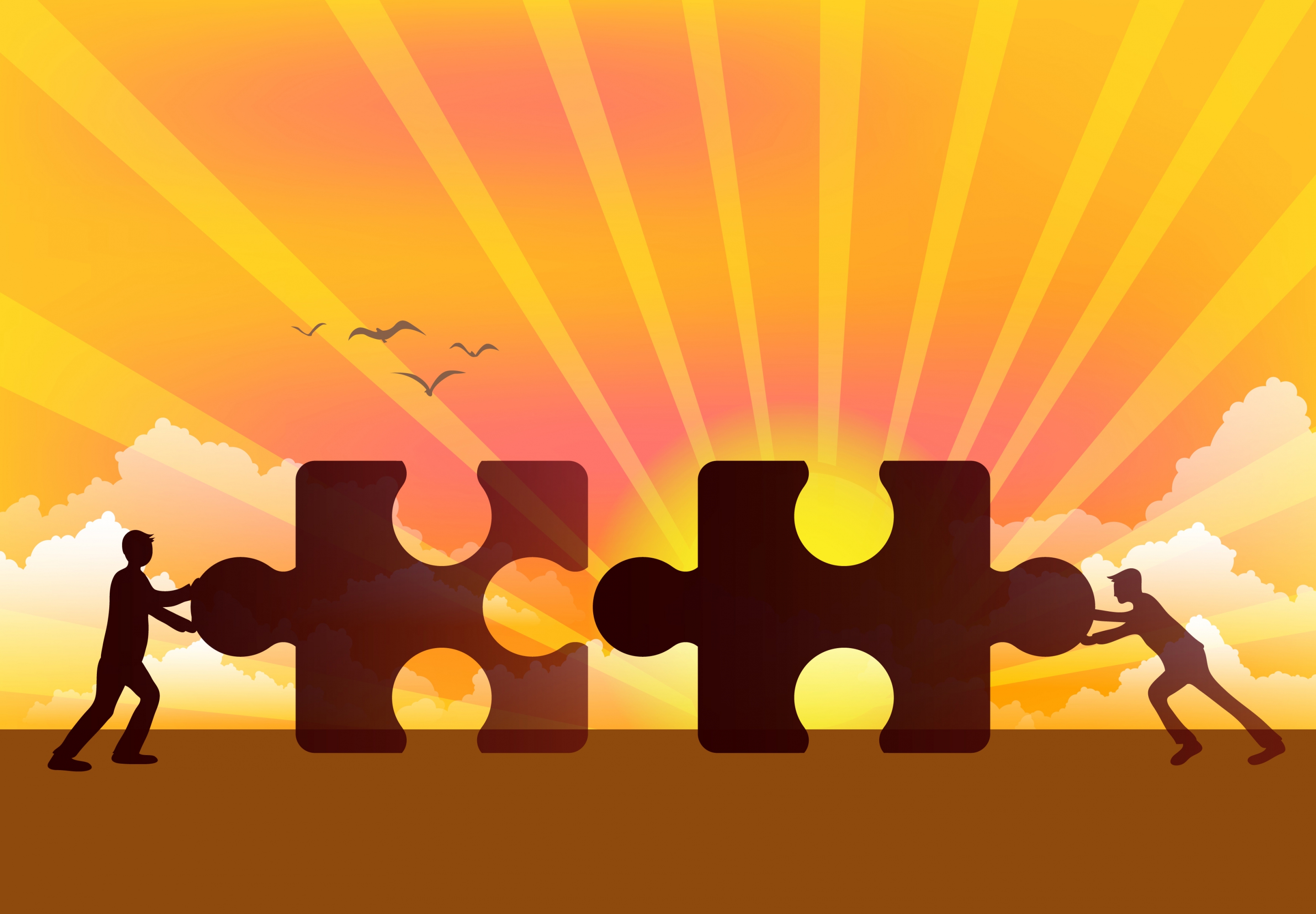 teamwork background puzzle human silhouette sun ray decor