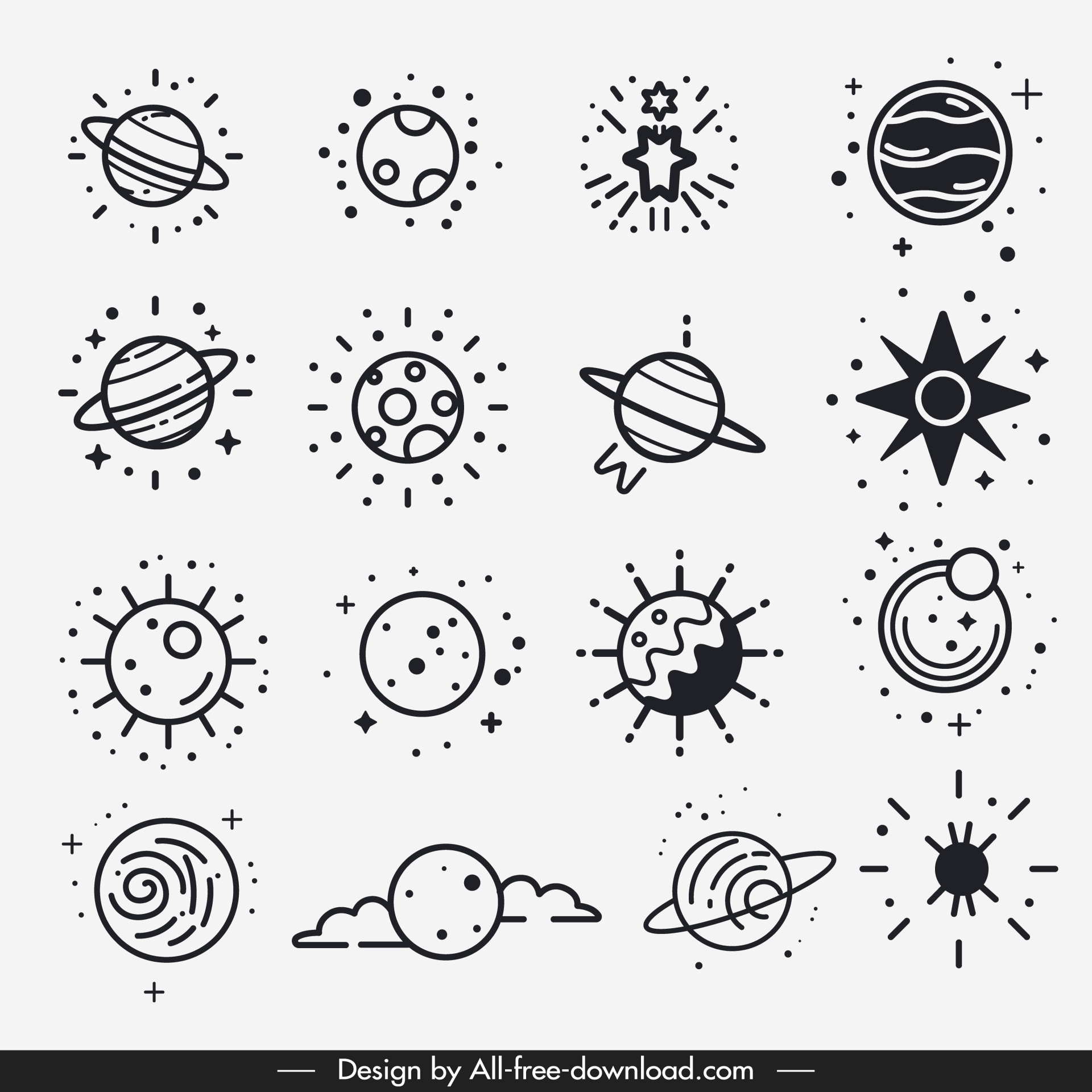  universe icons collection classical handdrawn planets outline