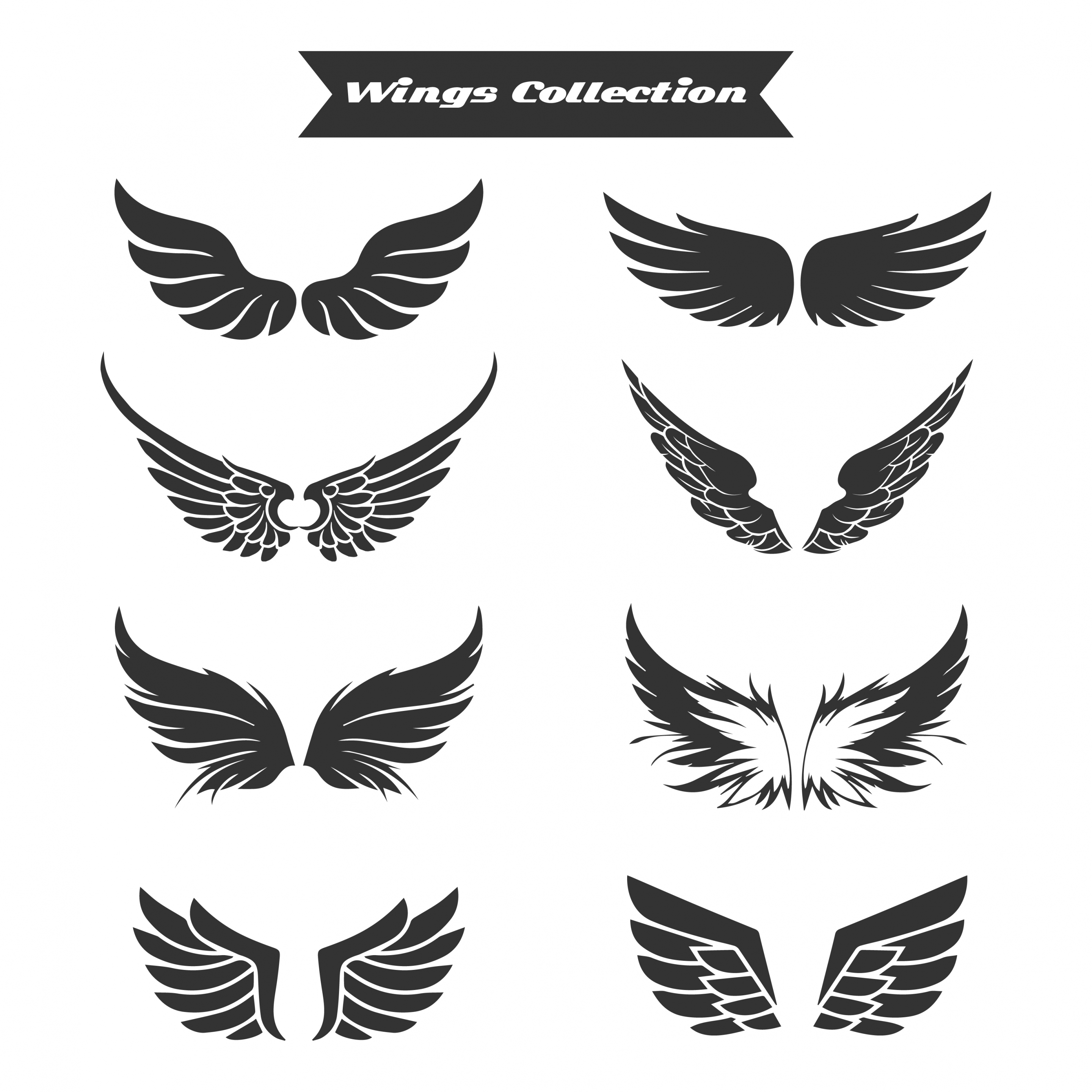 wings icons collection flat black white design