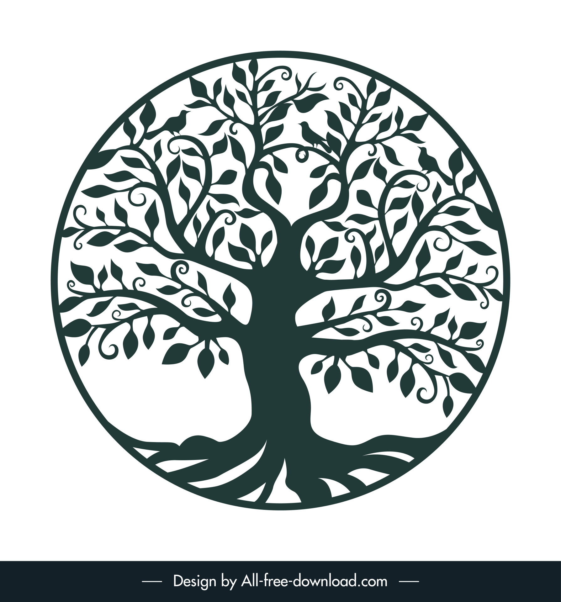 tree of life and bird flat vector circle isolation classic outline 