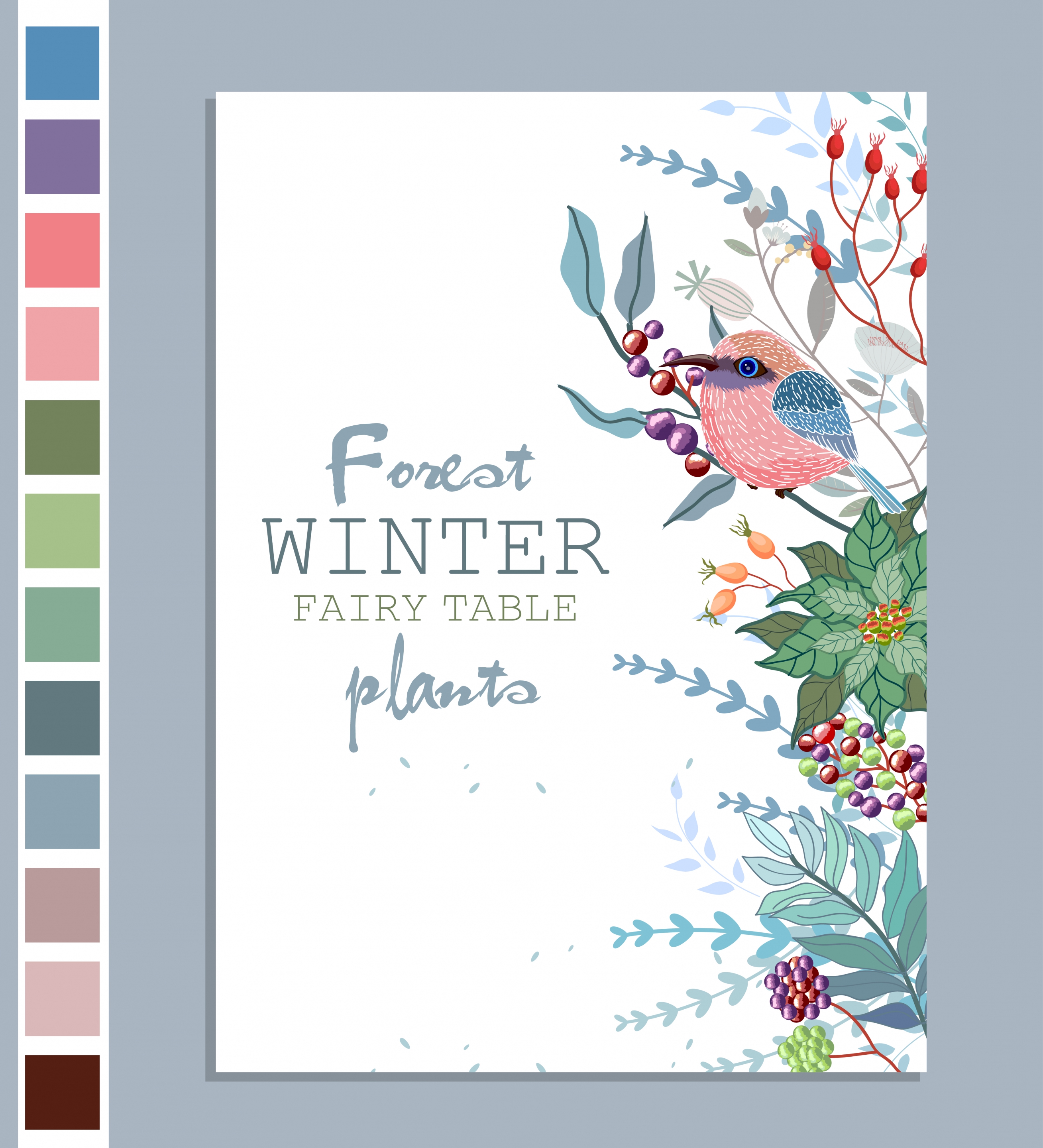 winter plants background leaf bird fruits icons decor