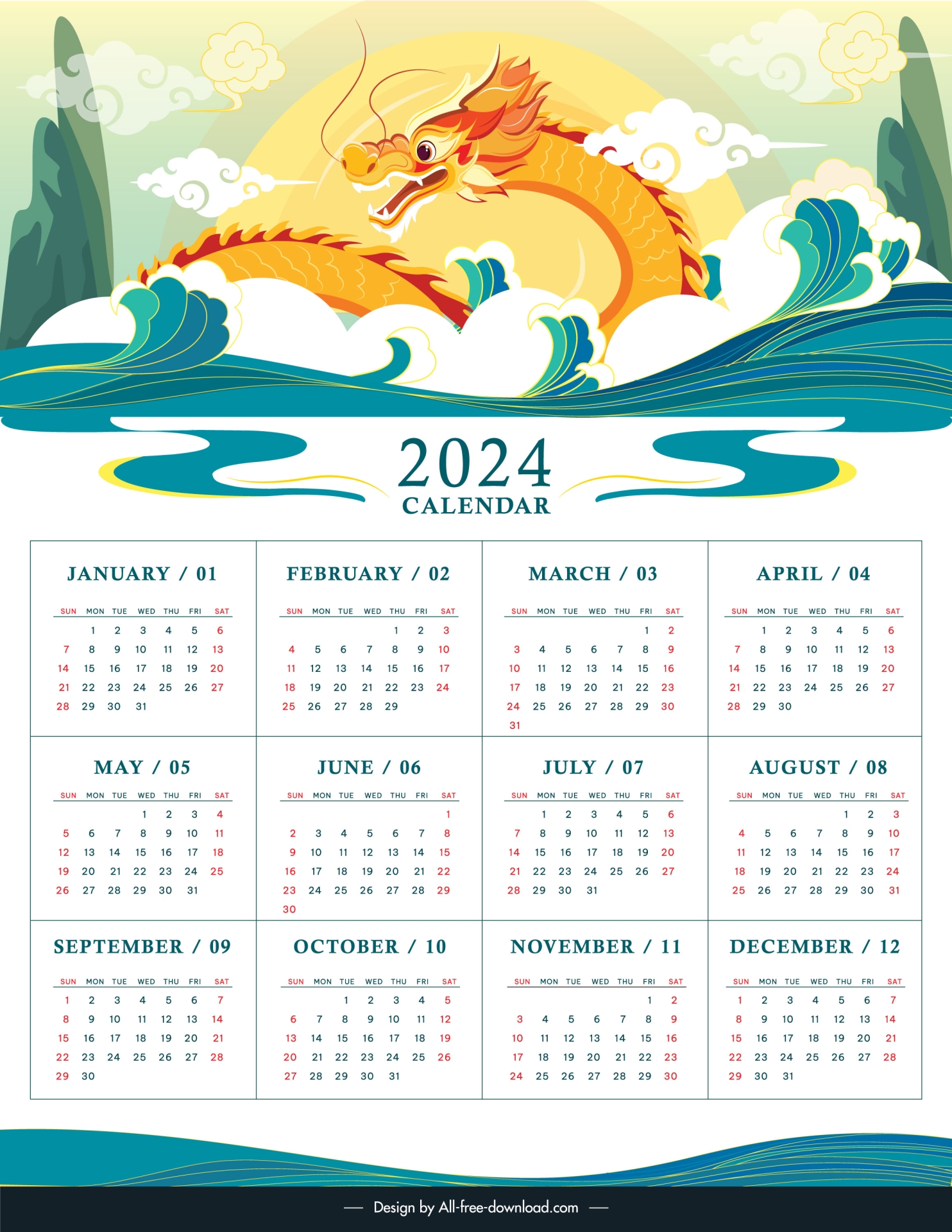 2024 new year calendar template dynamic oriental dragon  