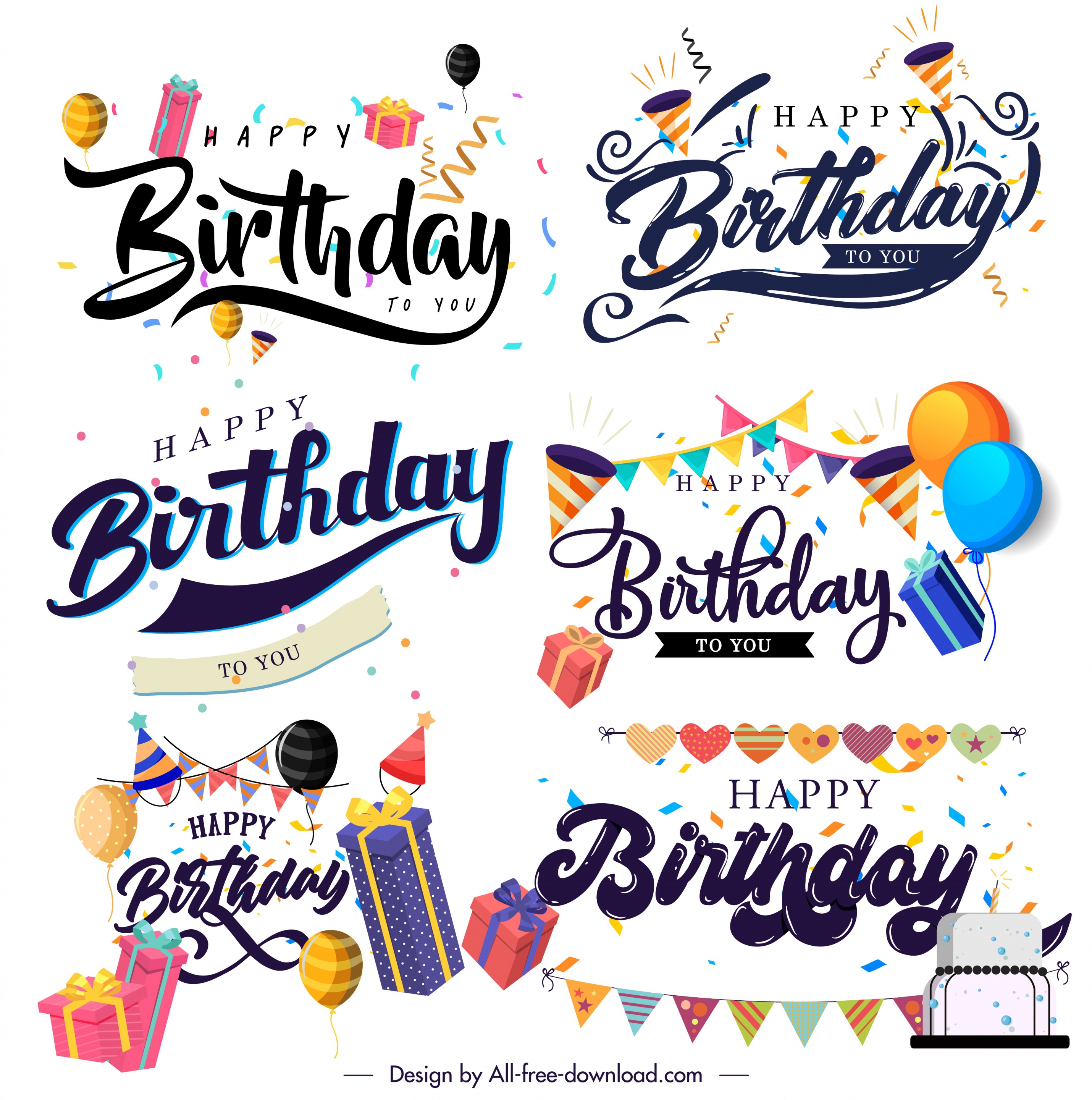 birthday decorative elements classic texts ribbon presents sketch