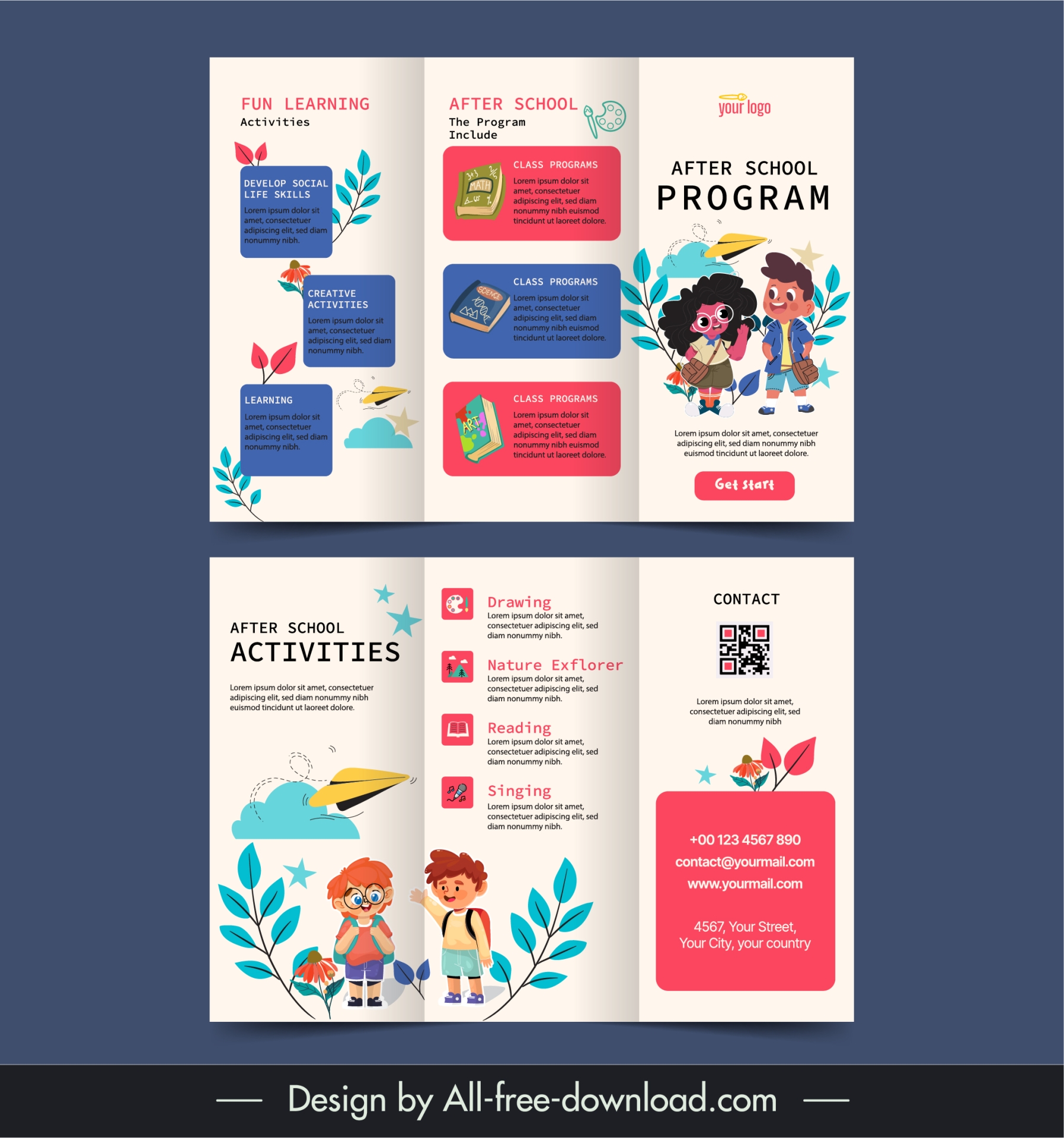 kids school tri fold brochure template cute cartoon design 