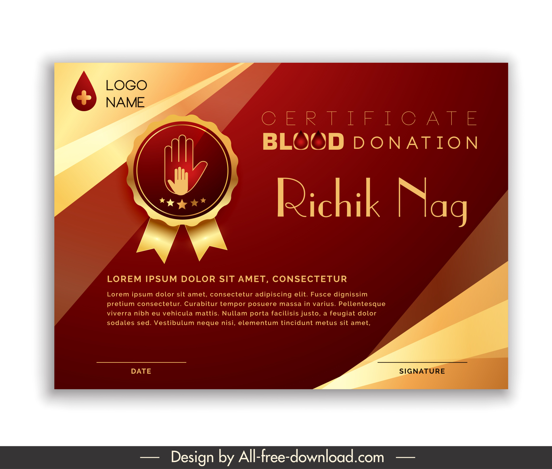 blood donation certificate template modern elegant hand blood shape decor