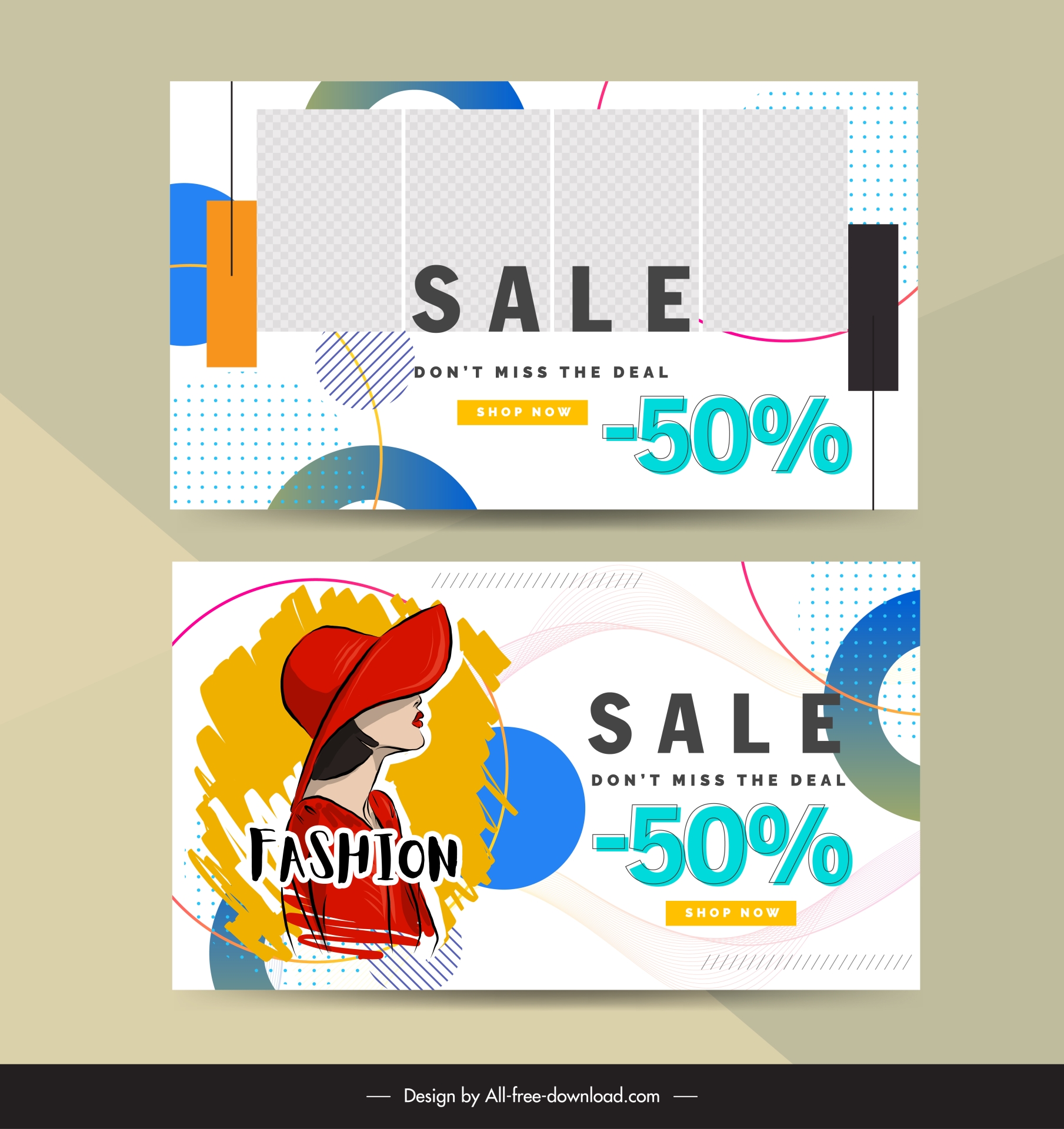 fashion discount banner template lady cartoon geometric design