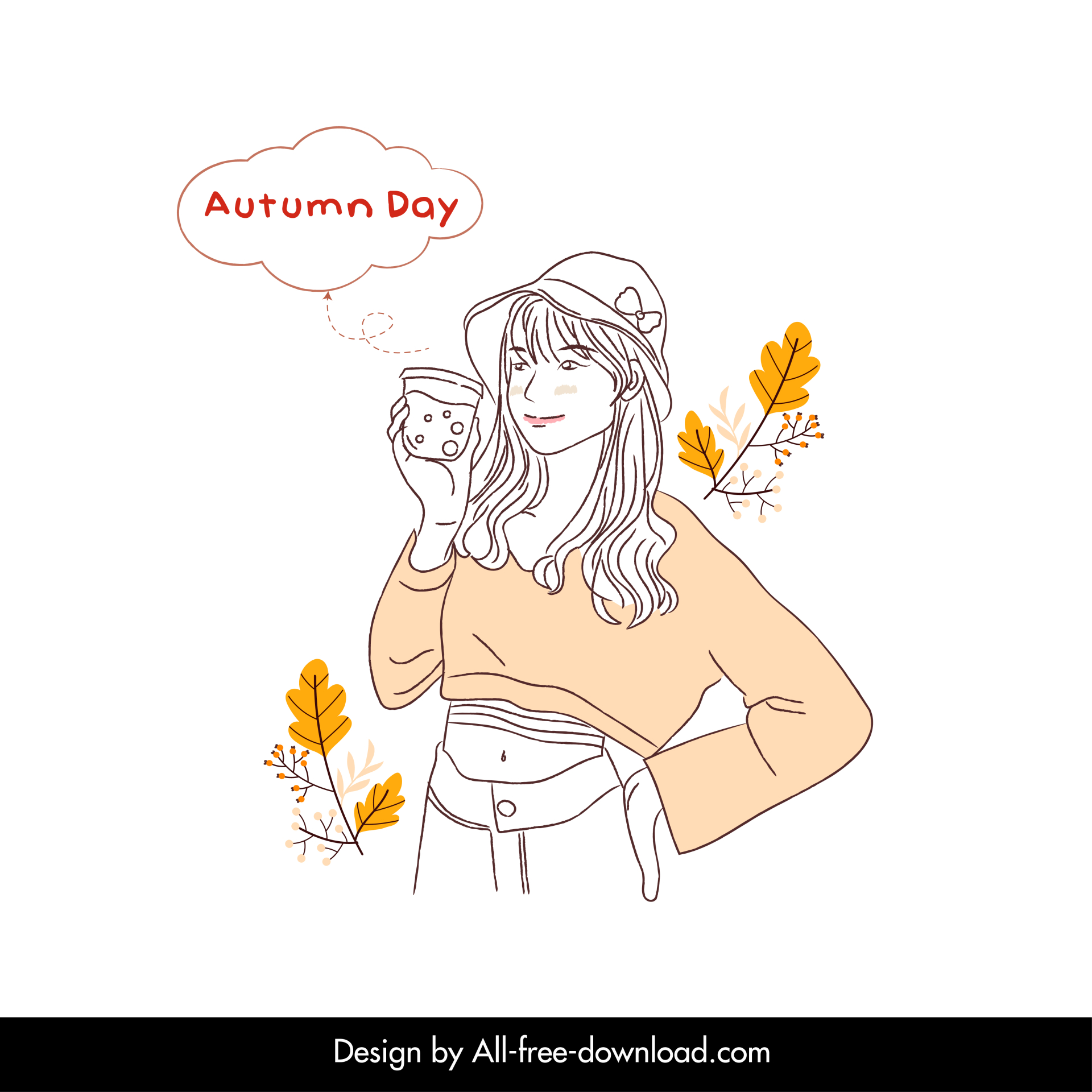 casual autumn fashion design elements flat handdrawn cartoon girl sketch