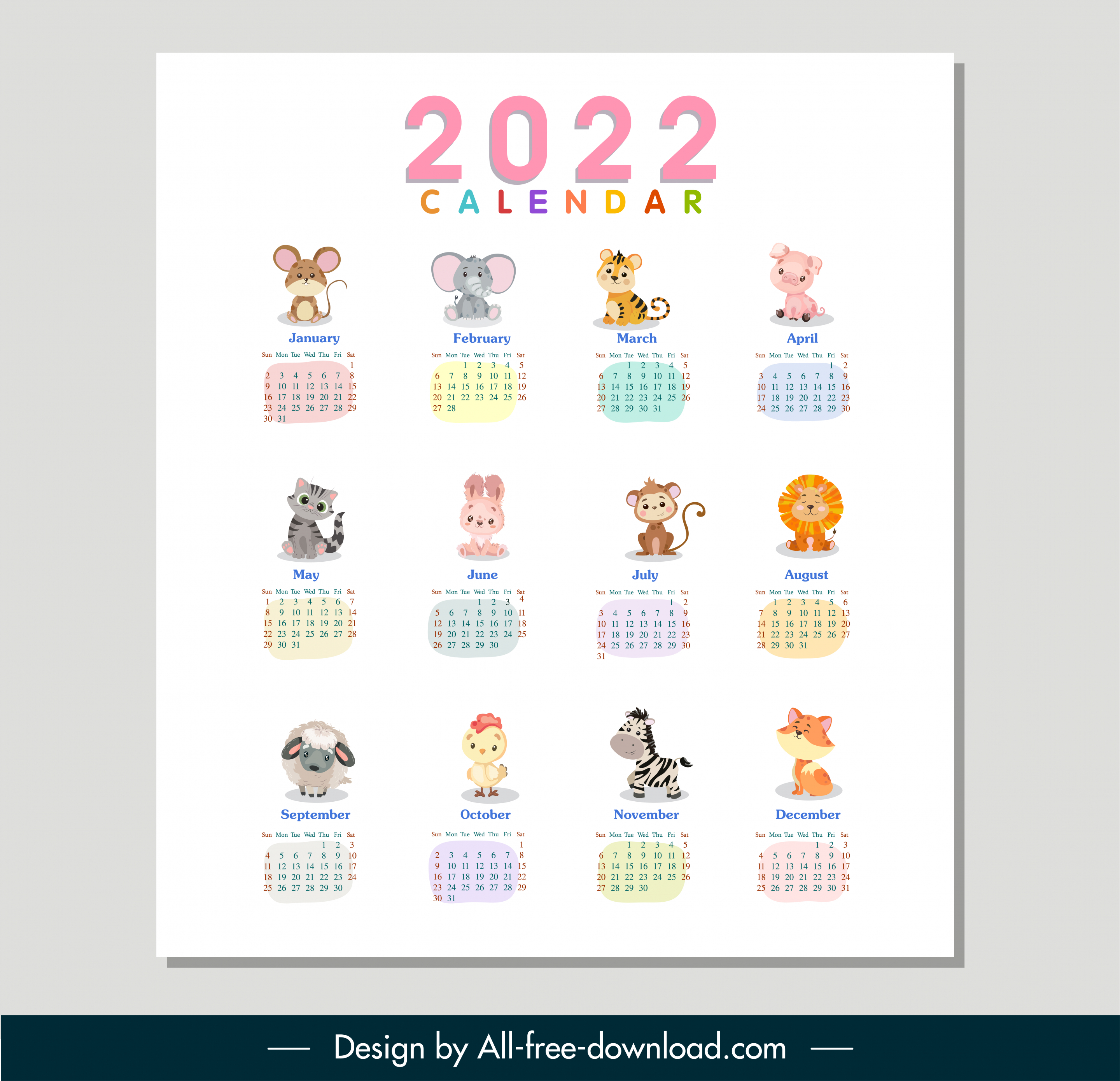 2022 calendar template cute animals sketch