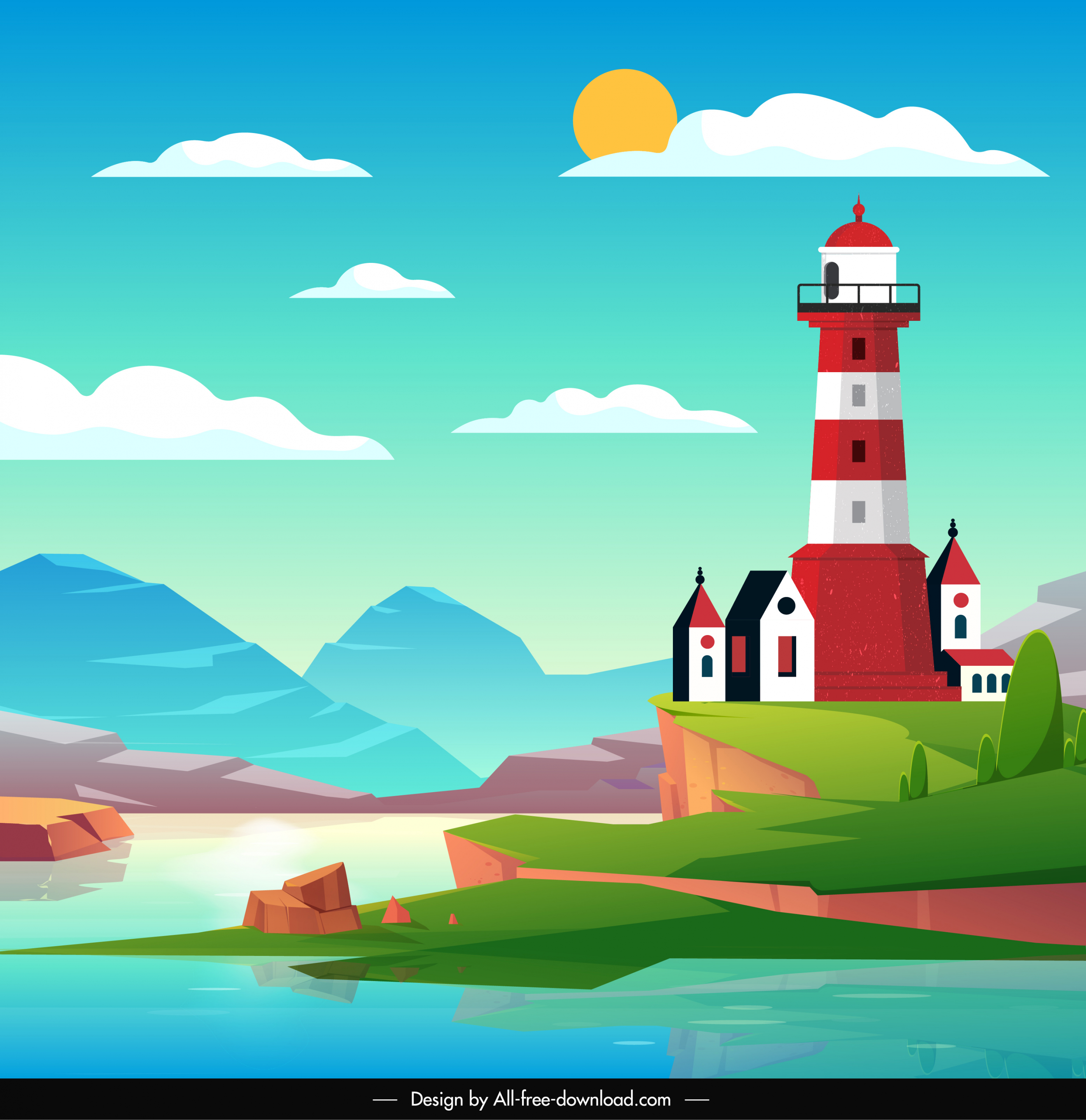 lighthouse scenery painting bright colorful design